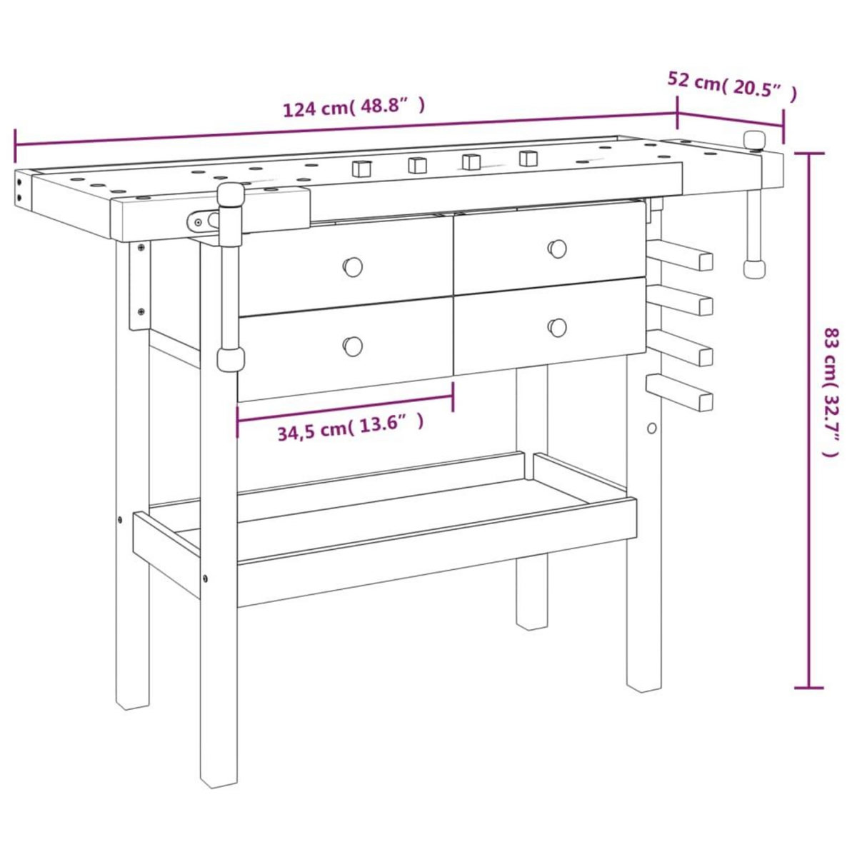 VIDAXL Etabli avec tiroirs et etaux 124x52x83 cm Bois massif d'acacia