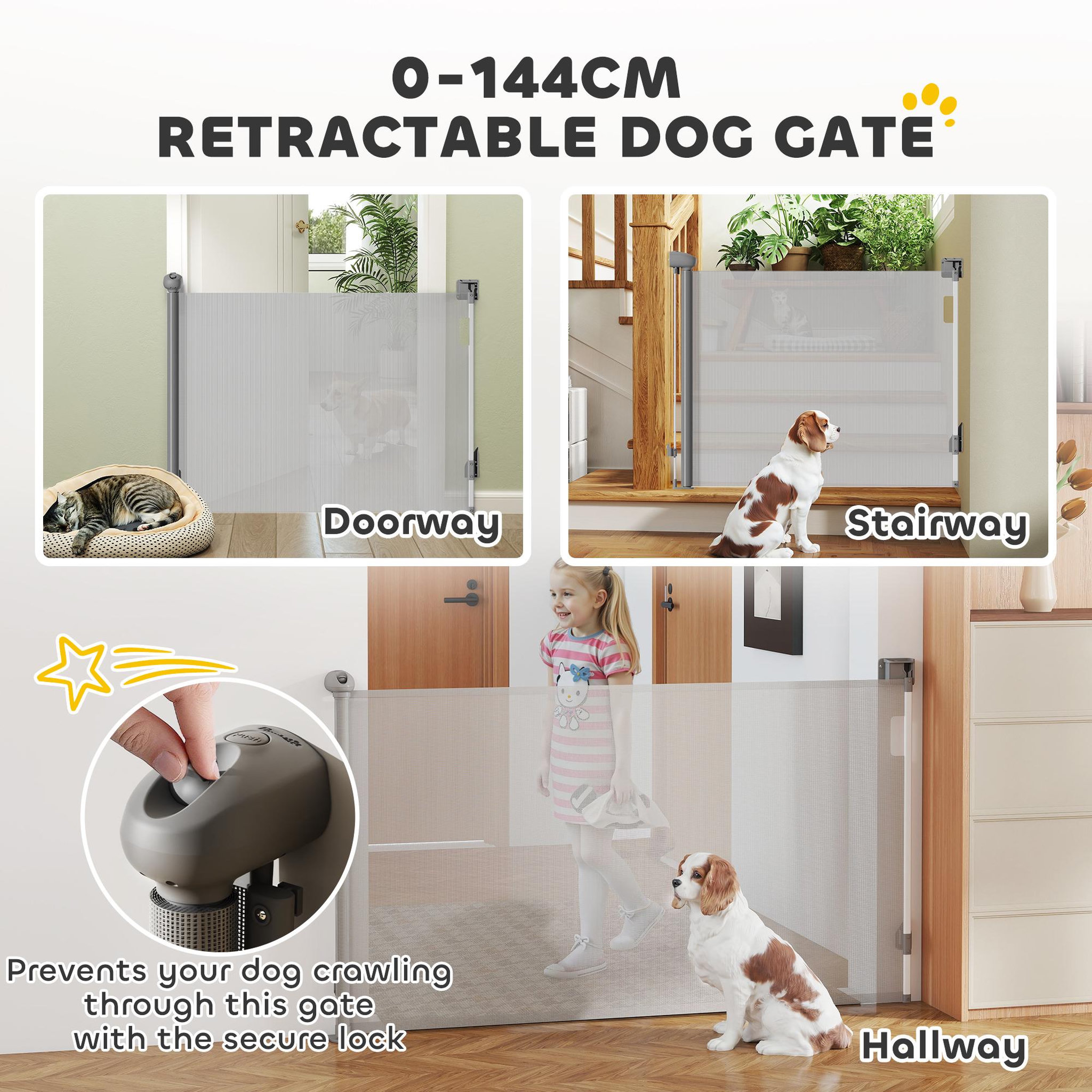Voir la diapositive 4 : PAWHUT Barrière de sécurité chien rétractable 0-144 cm h.87 cm verrouillage auto alu pvc gris