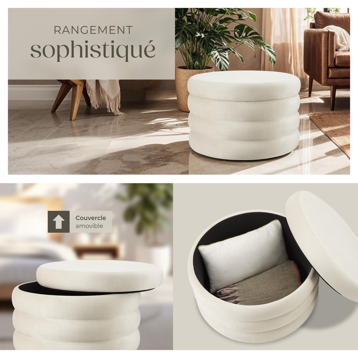 tectake Tabouret avec espace de rangement rond Aspect velours crème/ blanc