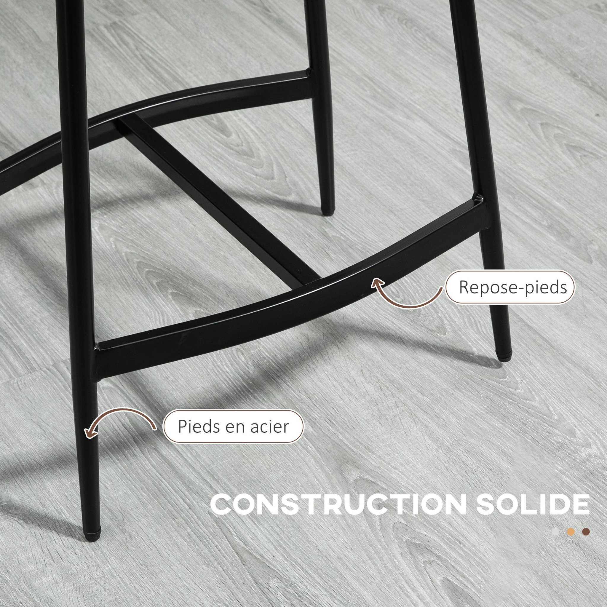 Voir la diapositive 6 : HOMCOM Lot de 2 tabourets de bar Vintage avec repose-pied piètement acier noir assise incurvée tissu marron effet vieilli