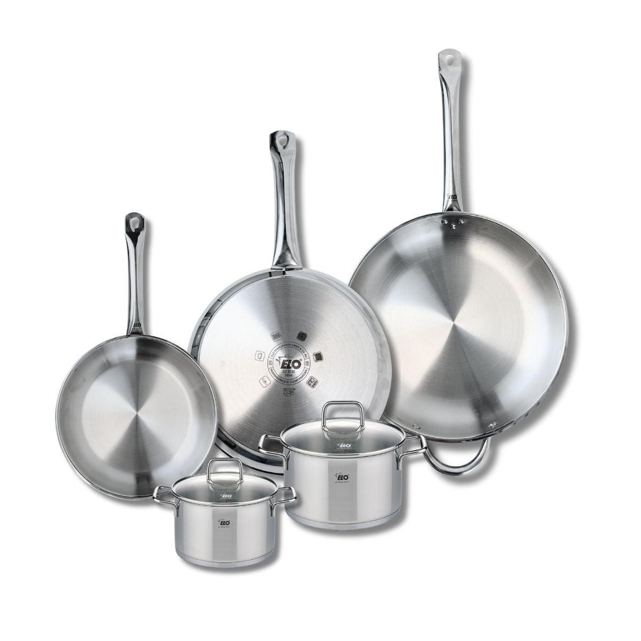 ELO Ensemble de 3 poêles de cuisson 24, 28 et 32 cm et 2 faitouts 14 et 16 cm elo profi citrin