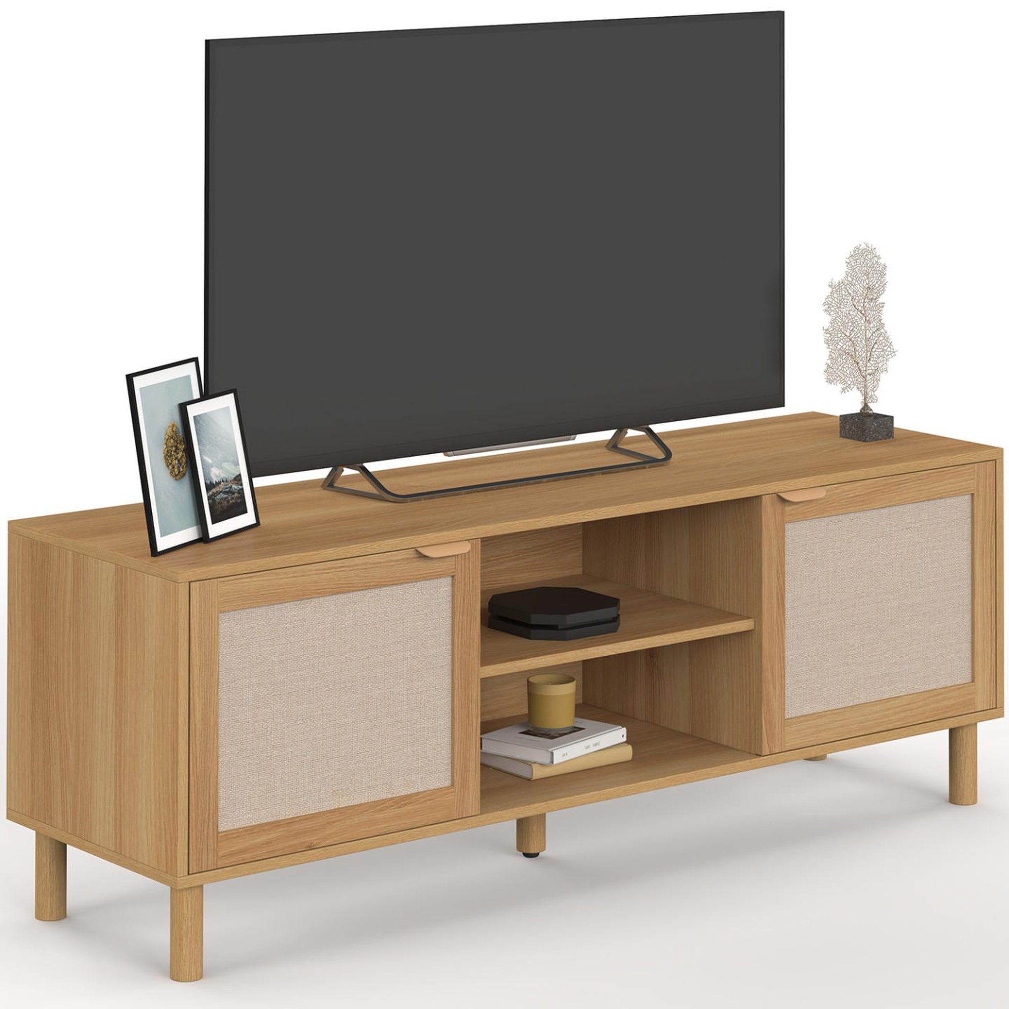 ID MARKET Meuble tv 140 cm robin 2 portes bois et tissu effet lin