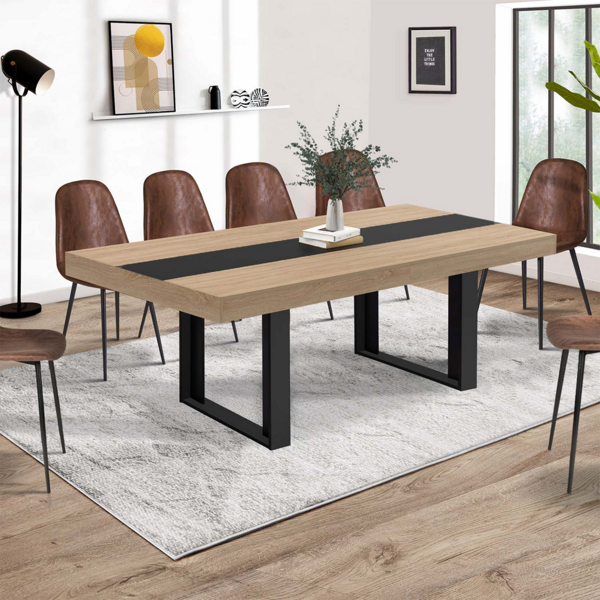 ID MARKET Table à manger extensible rectangle PHOENIX 6-12 personnes bois et noir bande centrale noire 200-300 cm