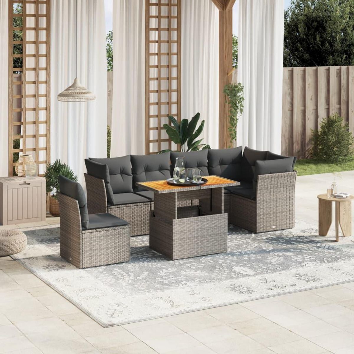 VIDAXL Salon de jardin avec coussins 7 pcs gris resine tressee