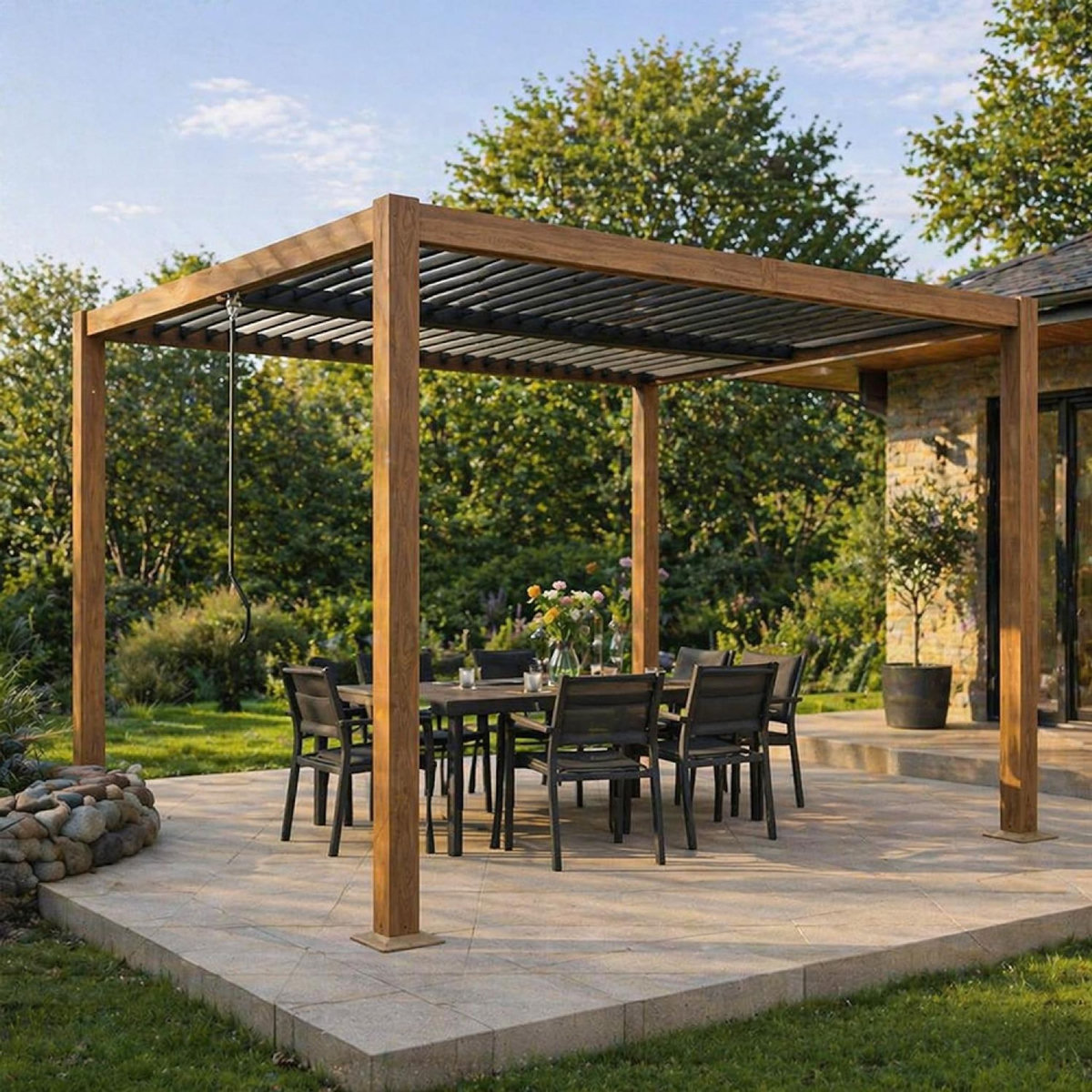 CONCEPT USINE Pergola bioclimatique structure aluminium effet bois lames orientables 3x3m CORFU