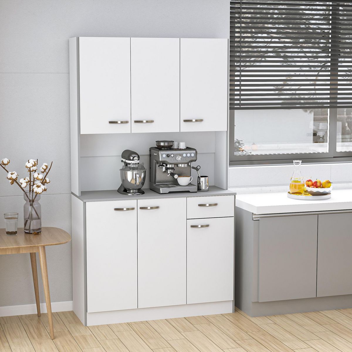 HOMCOM Buffet haut multi-rangement - 6 portes, tiroir, grand plateau - dim. 101L x 39l x 180H cm - panneaux particules blanc gris