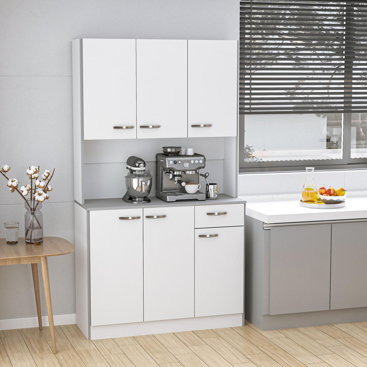 HOMCOM Buffet haut multi-rangement - 6 portes, tiroir, grand plateau - dim. 101L x 39l x 180H cm - panneaux particules blanc gris
