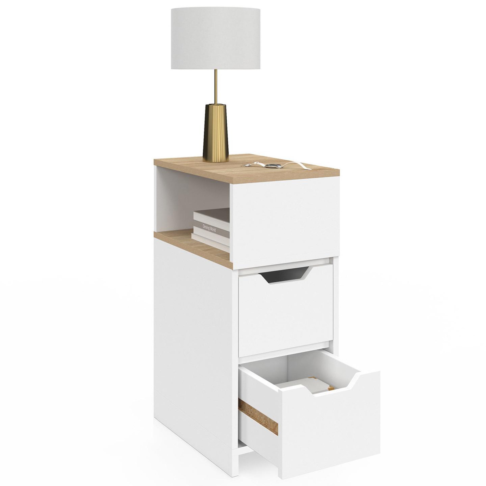 Voir la diapositive 6 : ID MARKET Lot de 2 tables de chevet étroites anouk 2 tiroirs avec niche latérale réversible blanc et bois