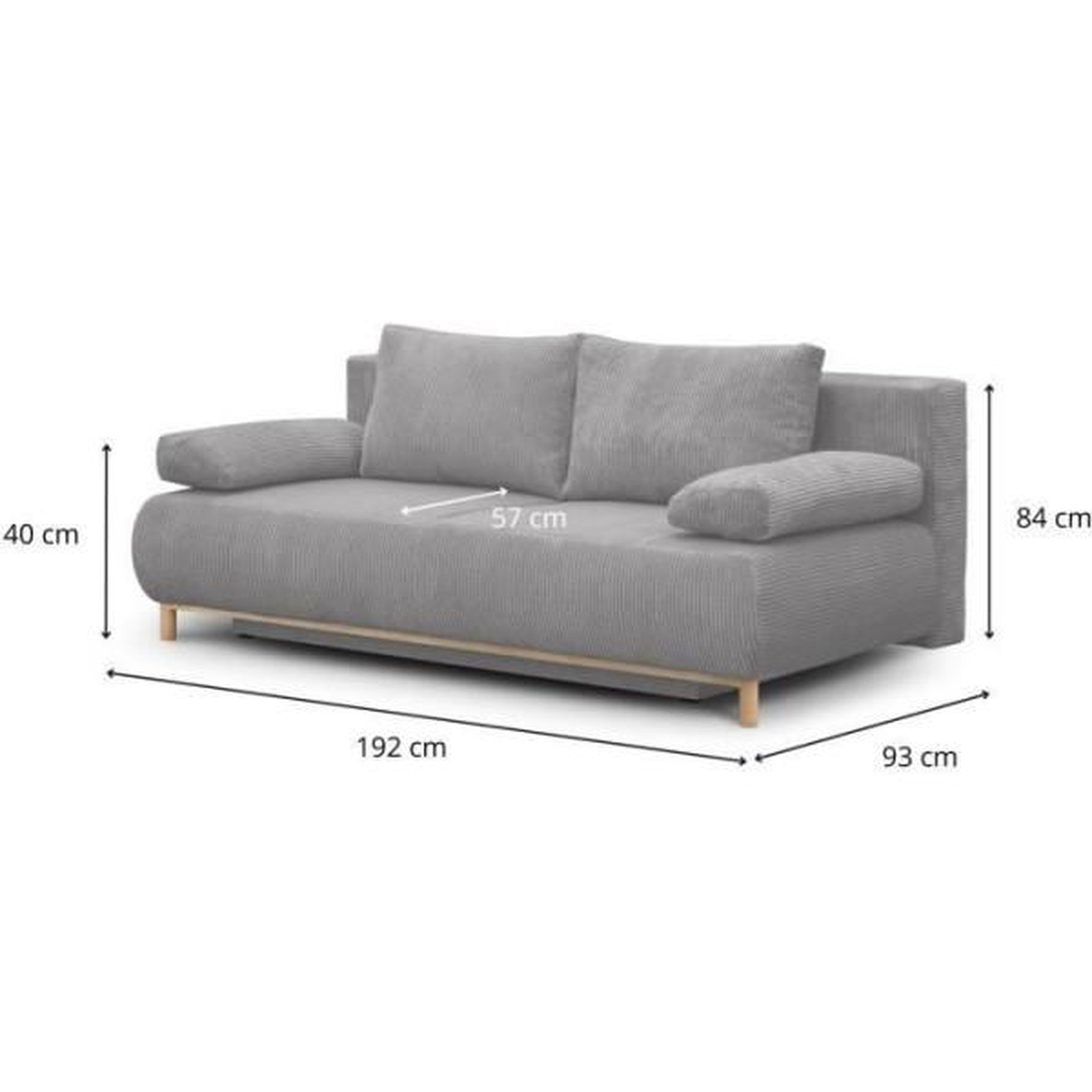 Voir la diapositive 3 : MARKET24 Banquette convertible 3 places MIKA - Velours côtelé gris clair - Coffre de rangement - L 192 x H 84 x P 93 cm