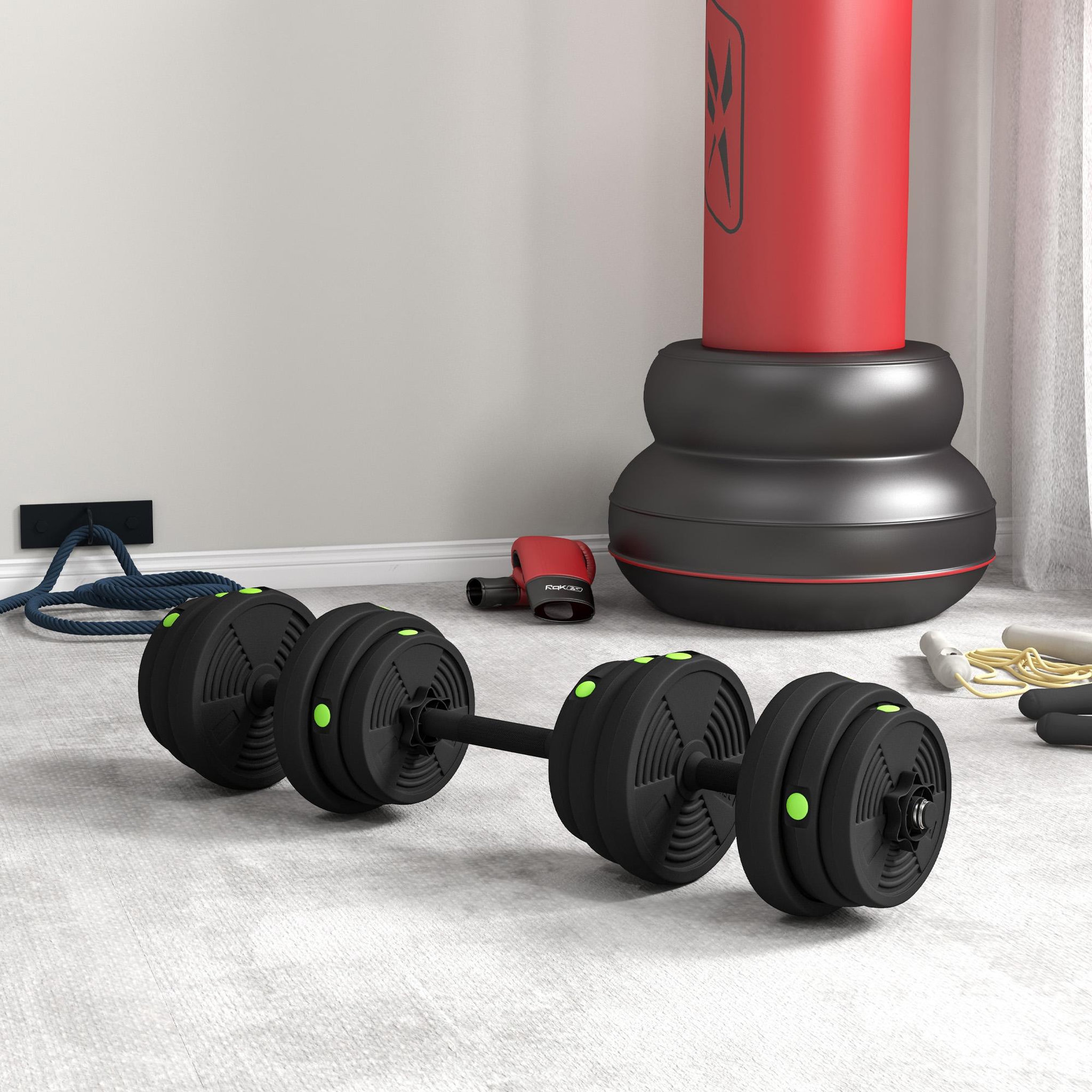 Voir la diapositive 2 : HOMCOM Haltères 2 en 1 réglables - haltères libres 25 kg - barres incluses - entraînement musculaire & haltérophilie - noir vert