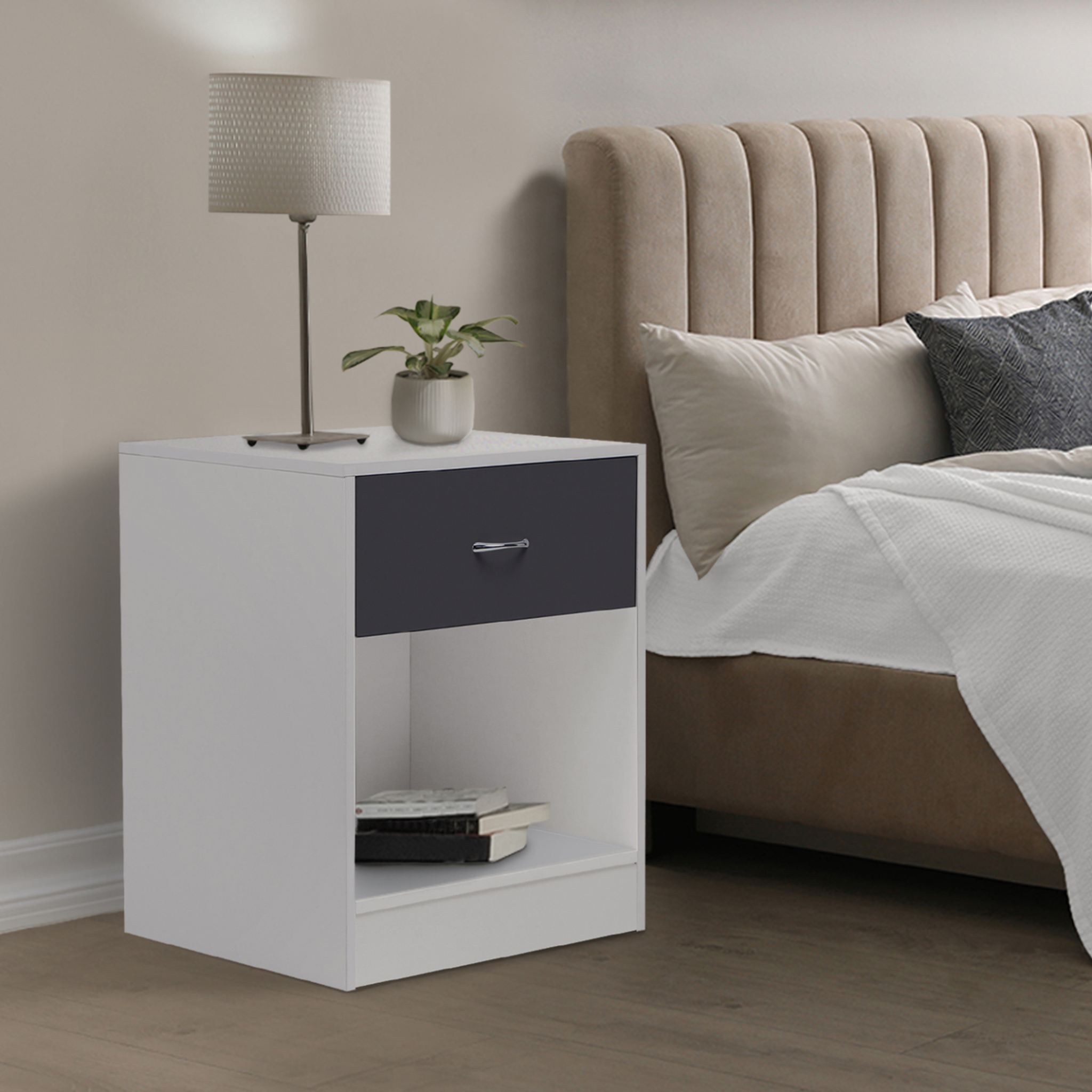 Voir la diapositive 2 : ID MARKET Lot de 2 tables de chevet olga 1 tiroir avec niche bois blanc et tiroir gris