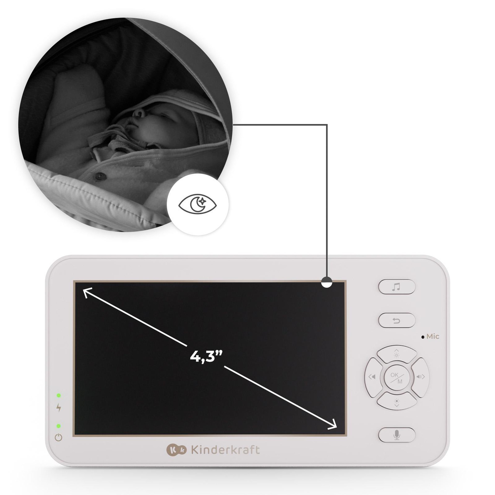 Voir la diapositive 5 : KINDERKRAFT Babyphone Kinderkraft NITEEYE TRAVEL portable sans Wi-Fi, caméra et écran 4,3 pouces, VOX, vision nuit, voyage bébé, Blanc