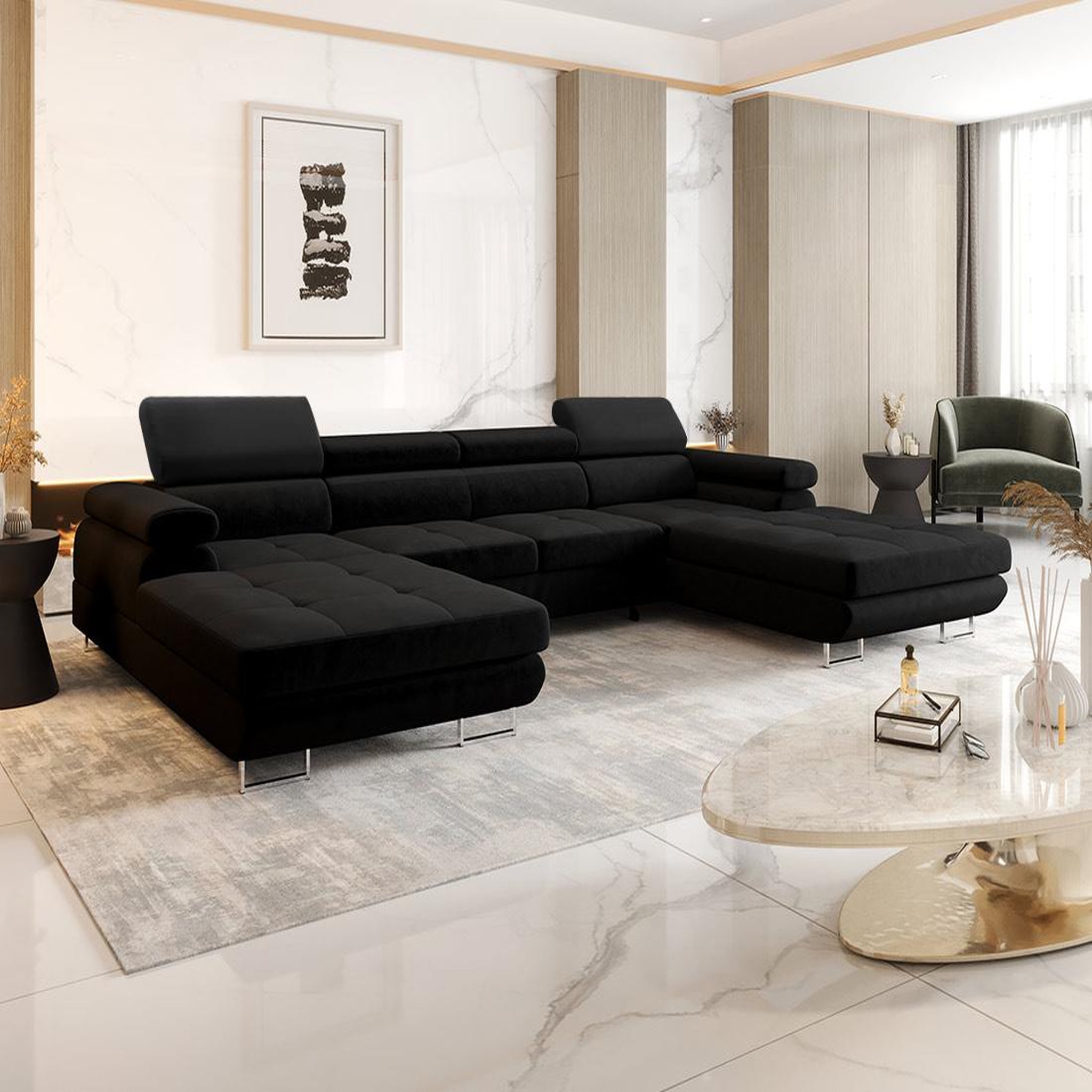 Voir la diapositive 2 : BEST MOBILIER Ayden - canapé panoramique en u 7 places convertible avec coffre et têtières réglables en tissu