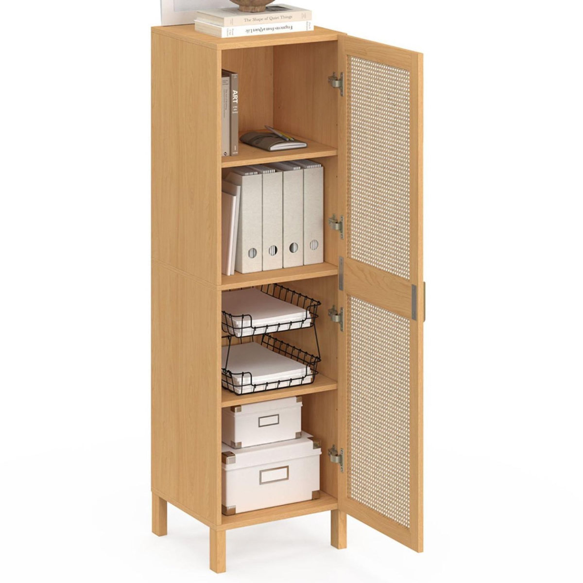 ID MARKET Armoire de rangement EDHEN 1 porte 3 étagères bois et cannage