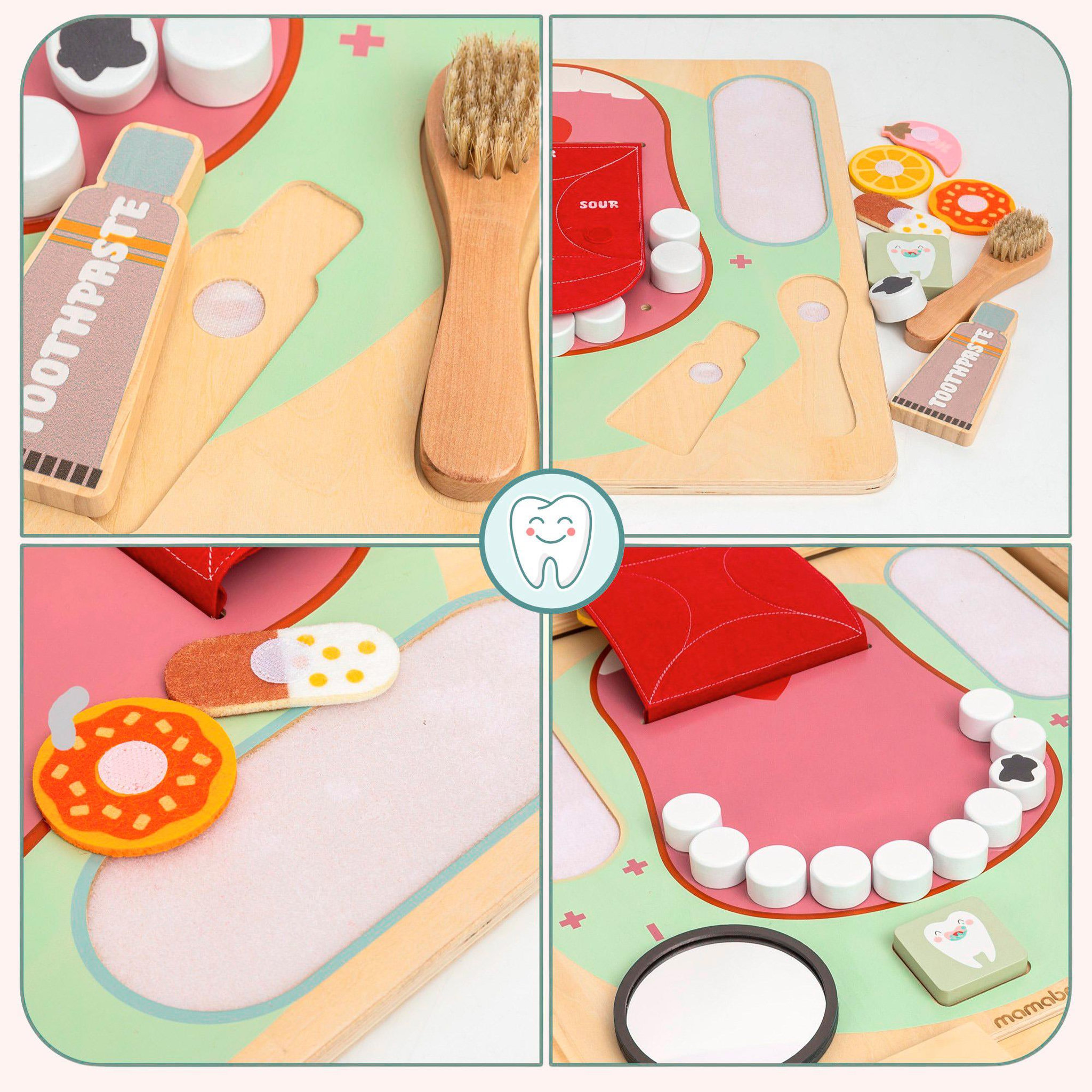 Voir la diapositive 5 : MAMABRUM Tableau Manipulation Bois Mamabrum Petit Dentiste Hygiene Dents 45x45 cm 18M+