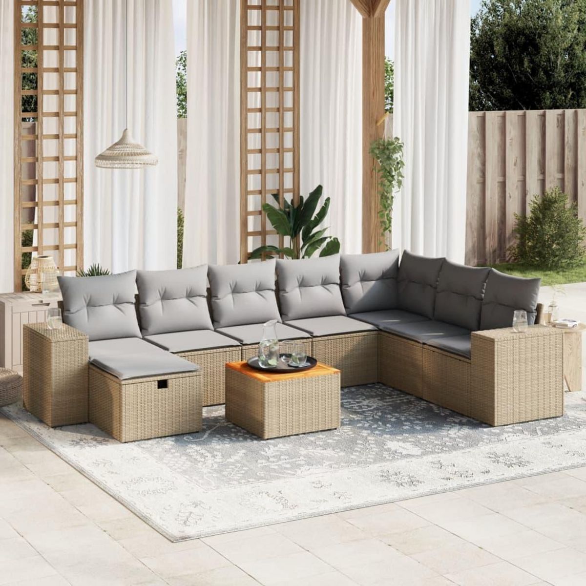 VIDAXL Salon de jardin avec coussins 9pcs melange beige resine tressee