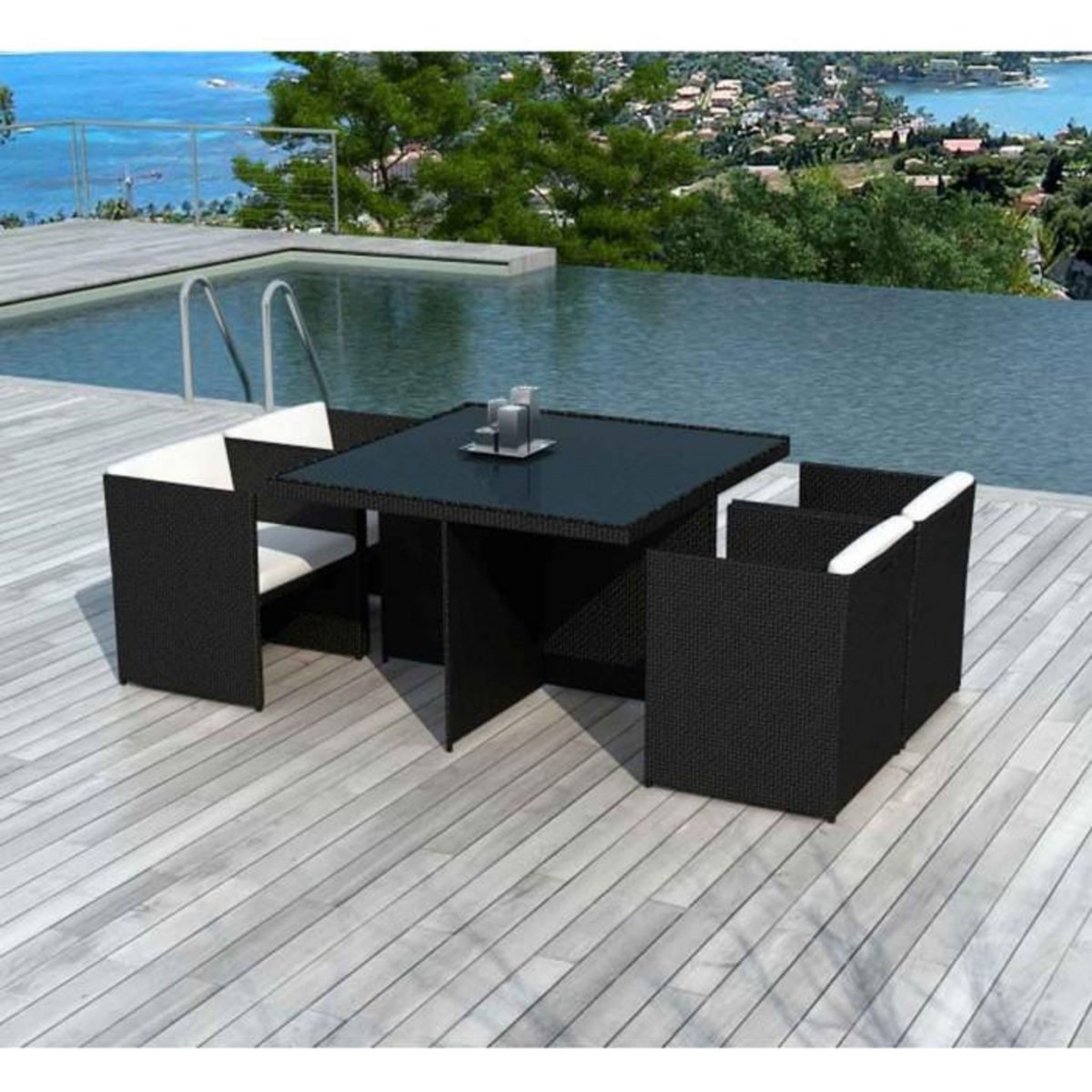 Paris Prix Table & 4 Fauteuils de Jardin  Rocha  115cm Noir & Écru