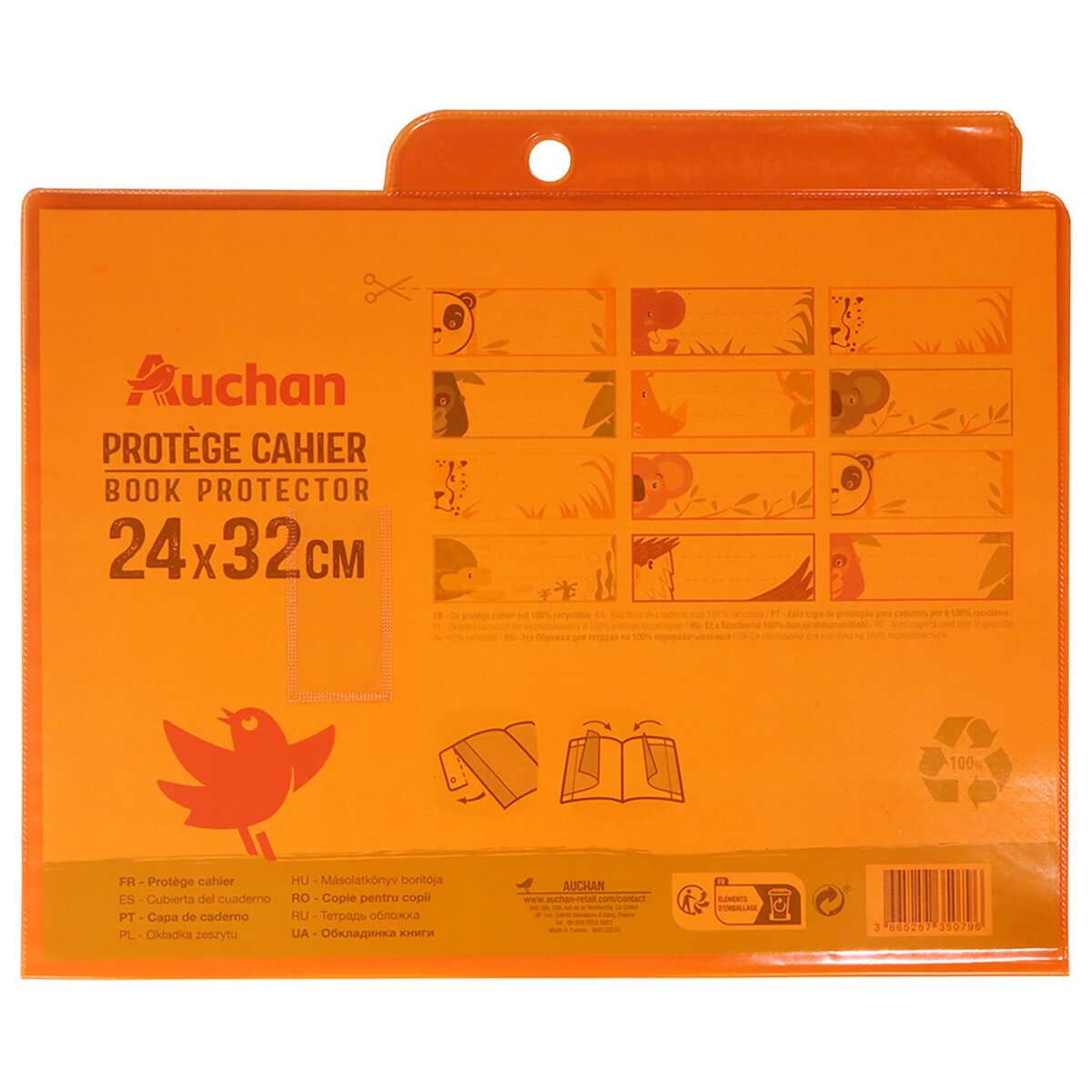 AUCHAN Protège cahier 24x32cm à rabats cristal orange translucide