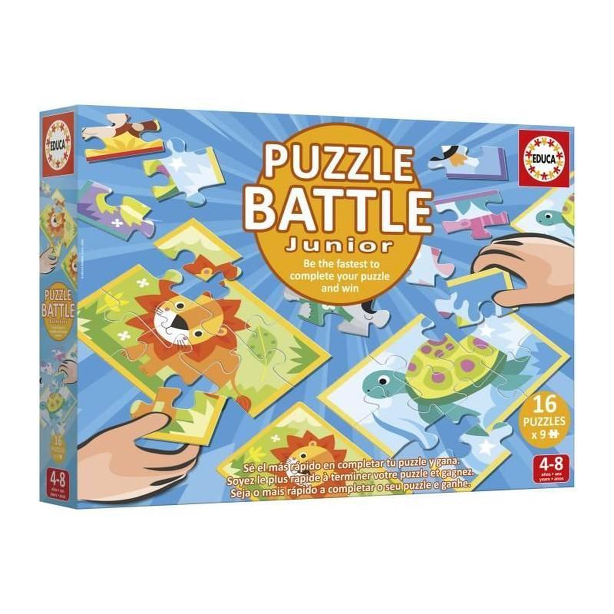 EDUCA Coffret puzzles enfant Battle Jr Animals – 16 puzzles de 9 pièces – Apprentissage des animaux – Dès 4 ans – Educa