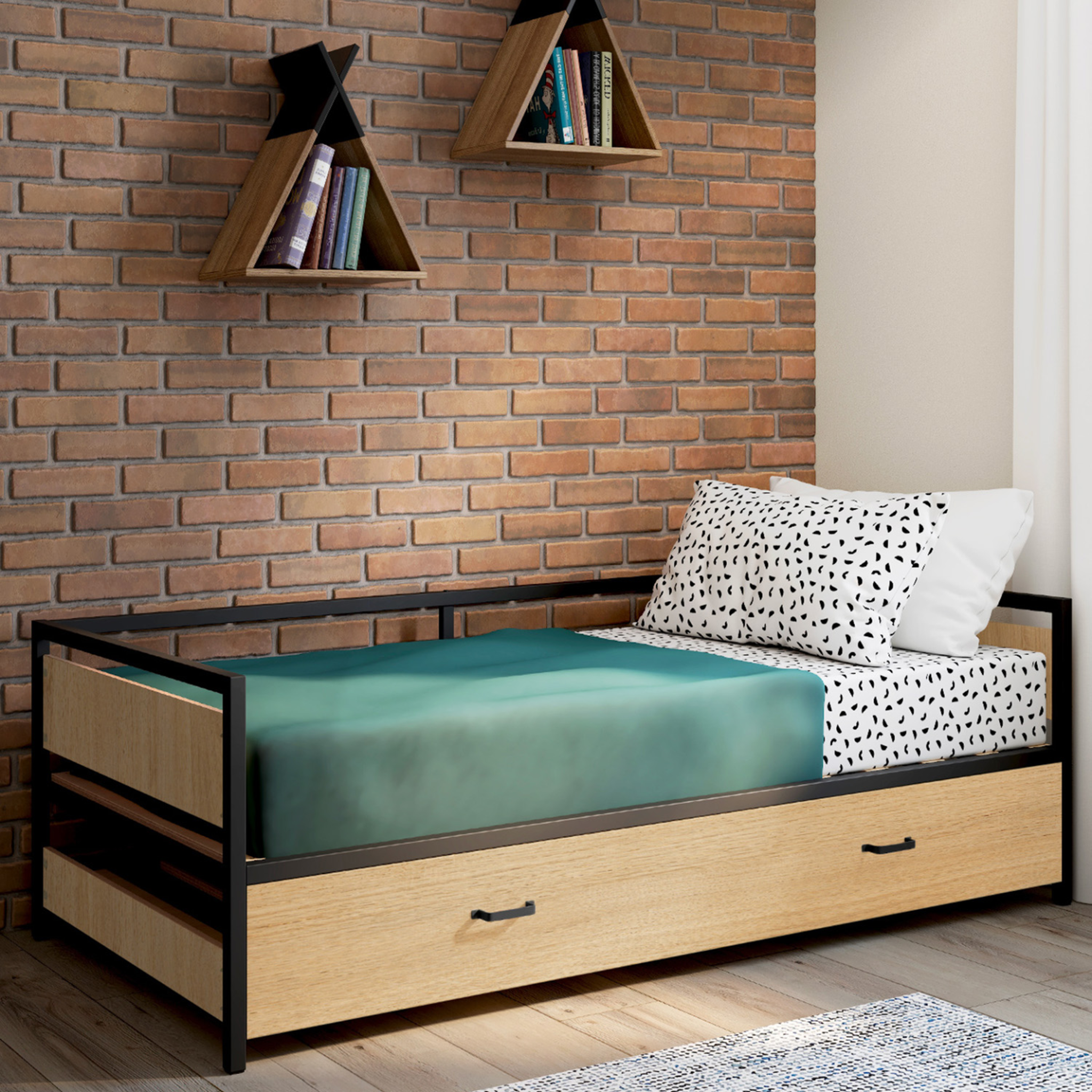 Voir la diapositive 2 : ID MARKET Lit banquette 90 x 190 cm detroit convertible 180 x 190 cm style industriel