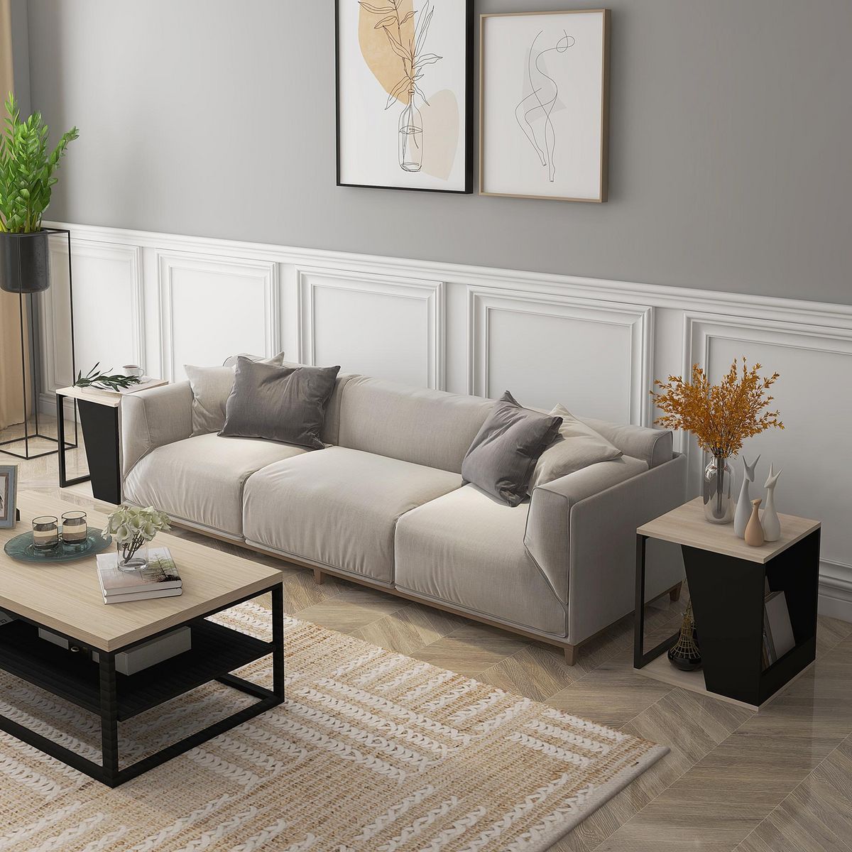 HOMCOM Lot de 2 tables basses bouts de canapé guéridons design acier noir panneaux noir aspect chêne clair