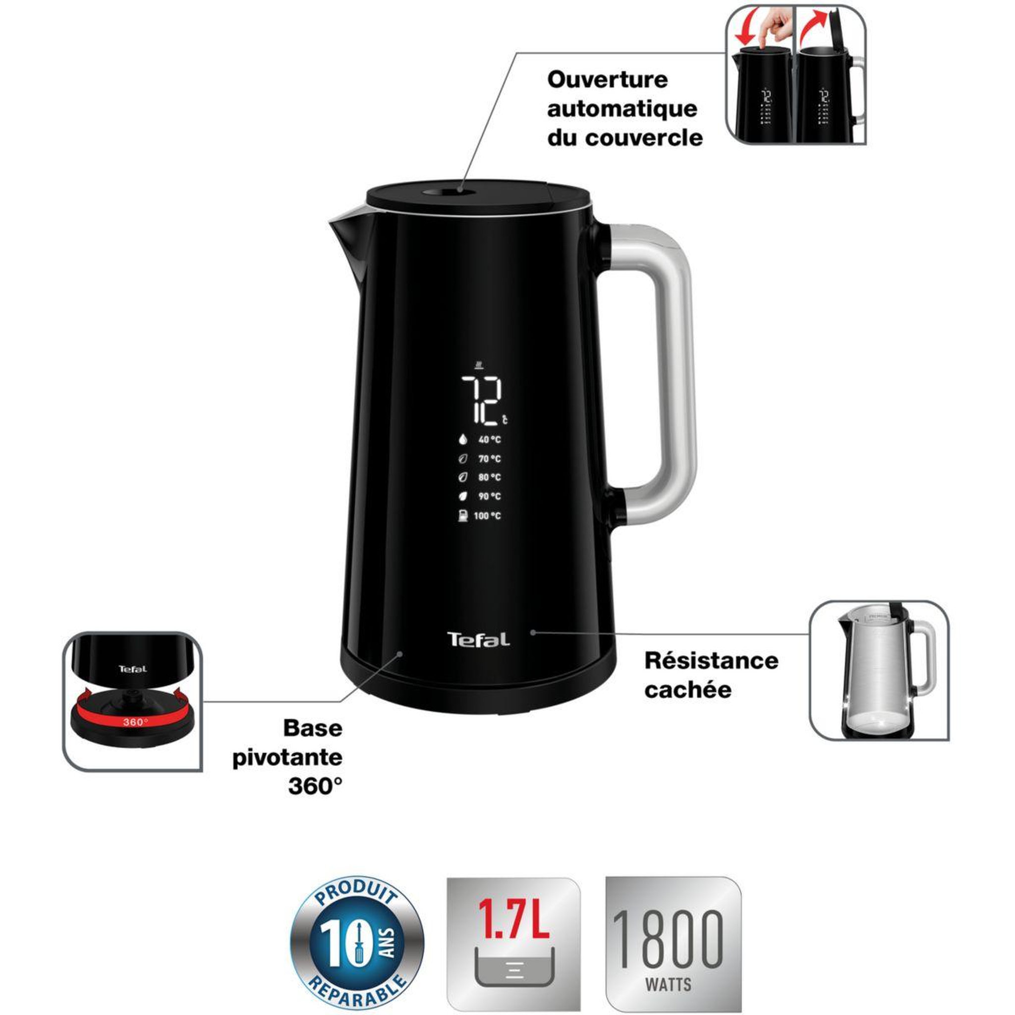 Voir la diapositive 3 : TEFAL Bouilloire à température réglable ko850810 écran digital sélection temp