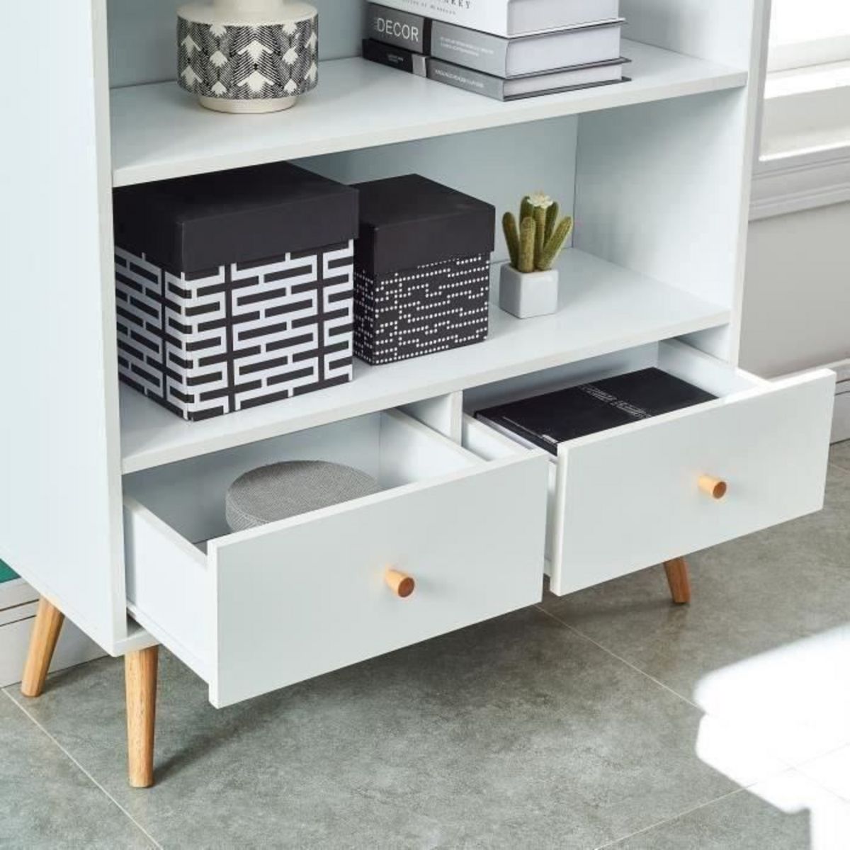 Bibliothèque 2 tiroirs pieds bois massif L80cm MALMO