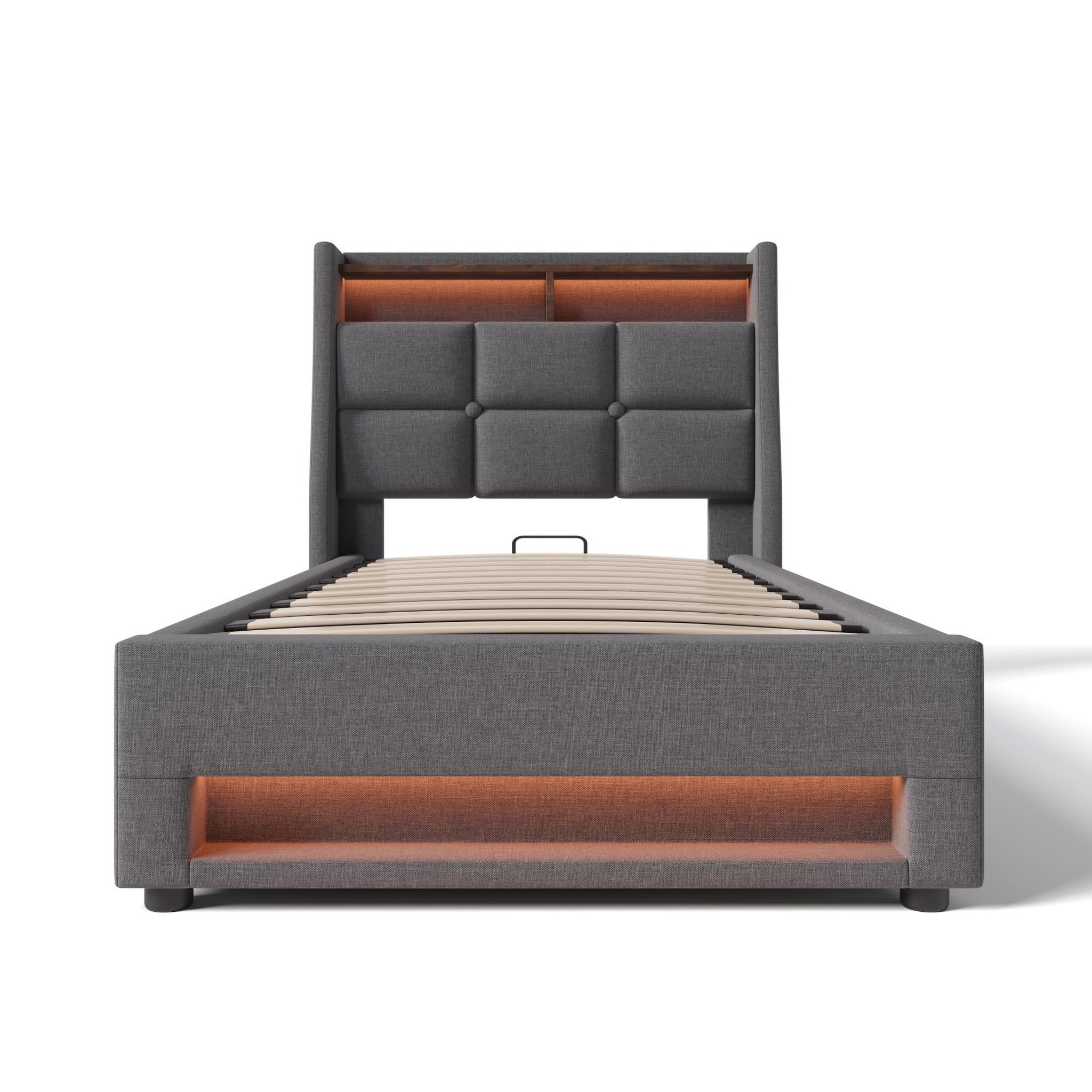 Voir la diapositive 5 : MERAX Lit coffre avec USB et LED Lin gris