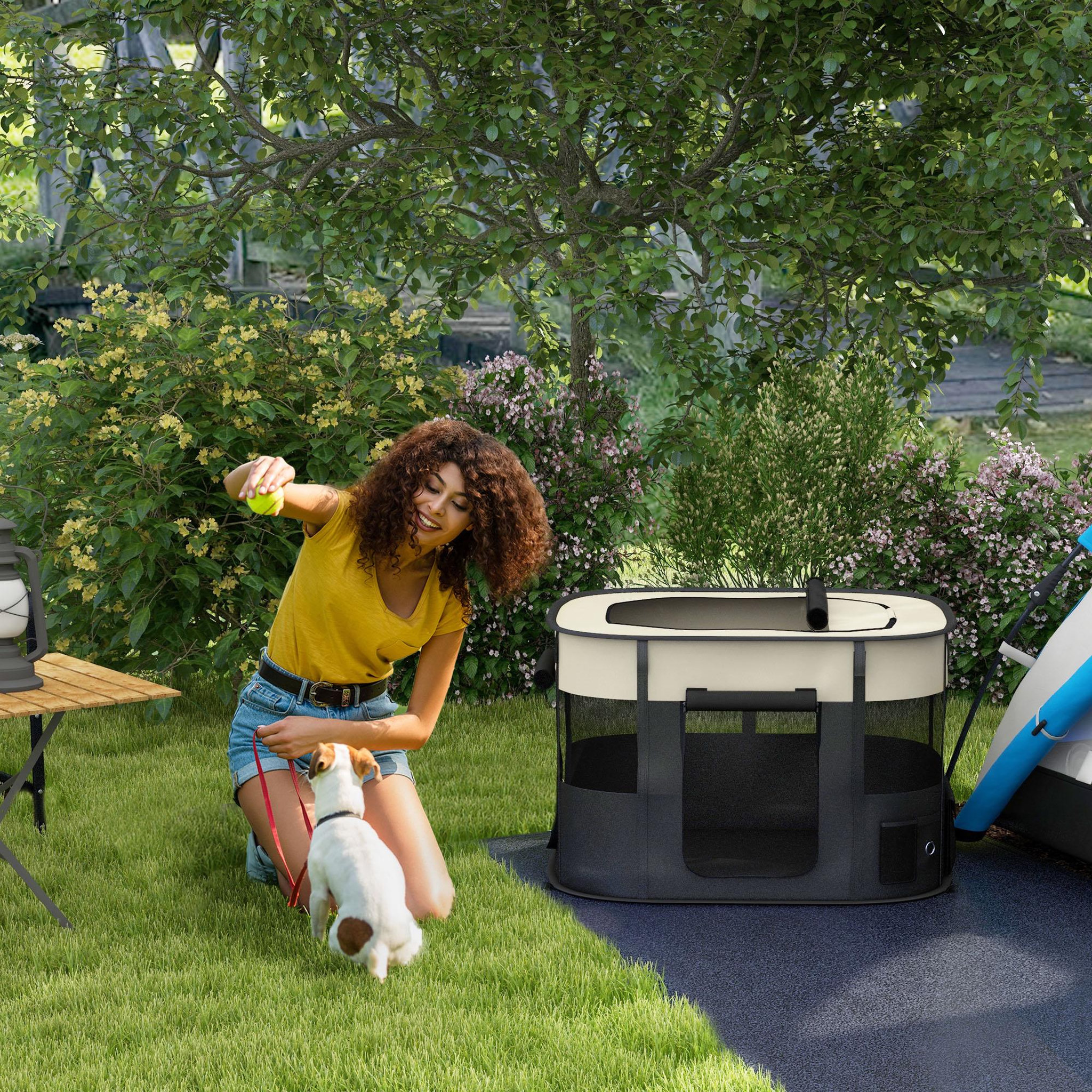 Voir la diapositive 2 : PAWHUT Parc pour chien pliable dim. 94l x 74l x 60h cm tissu oxford crème noir