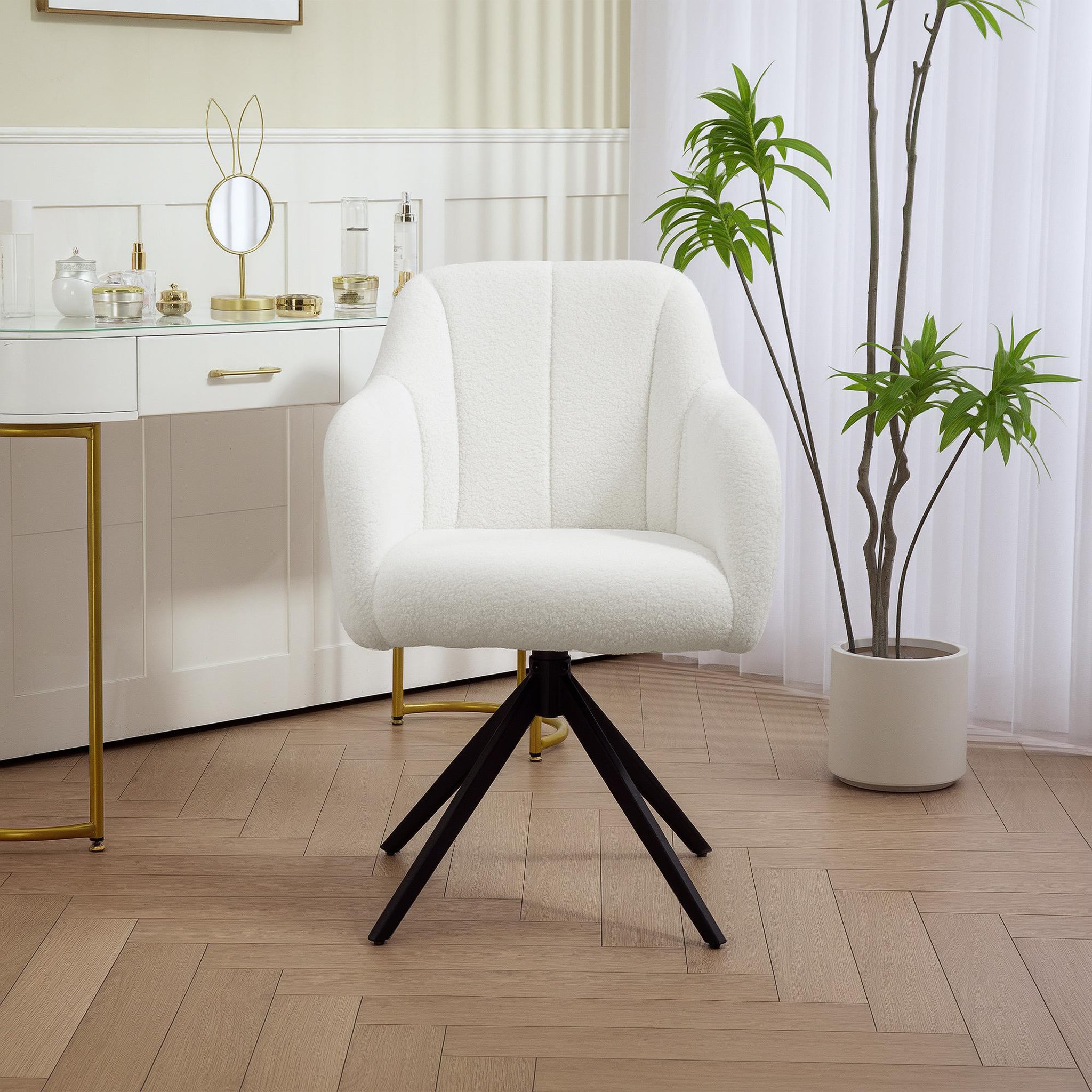 Voir la diapositive 2 : HOMCOM Fauteuil design piètement acier noir 4 branches effet laine bouclée blanc