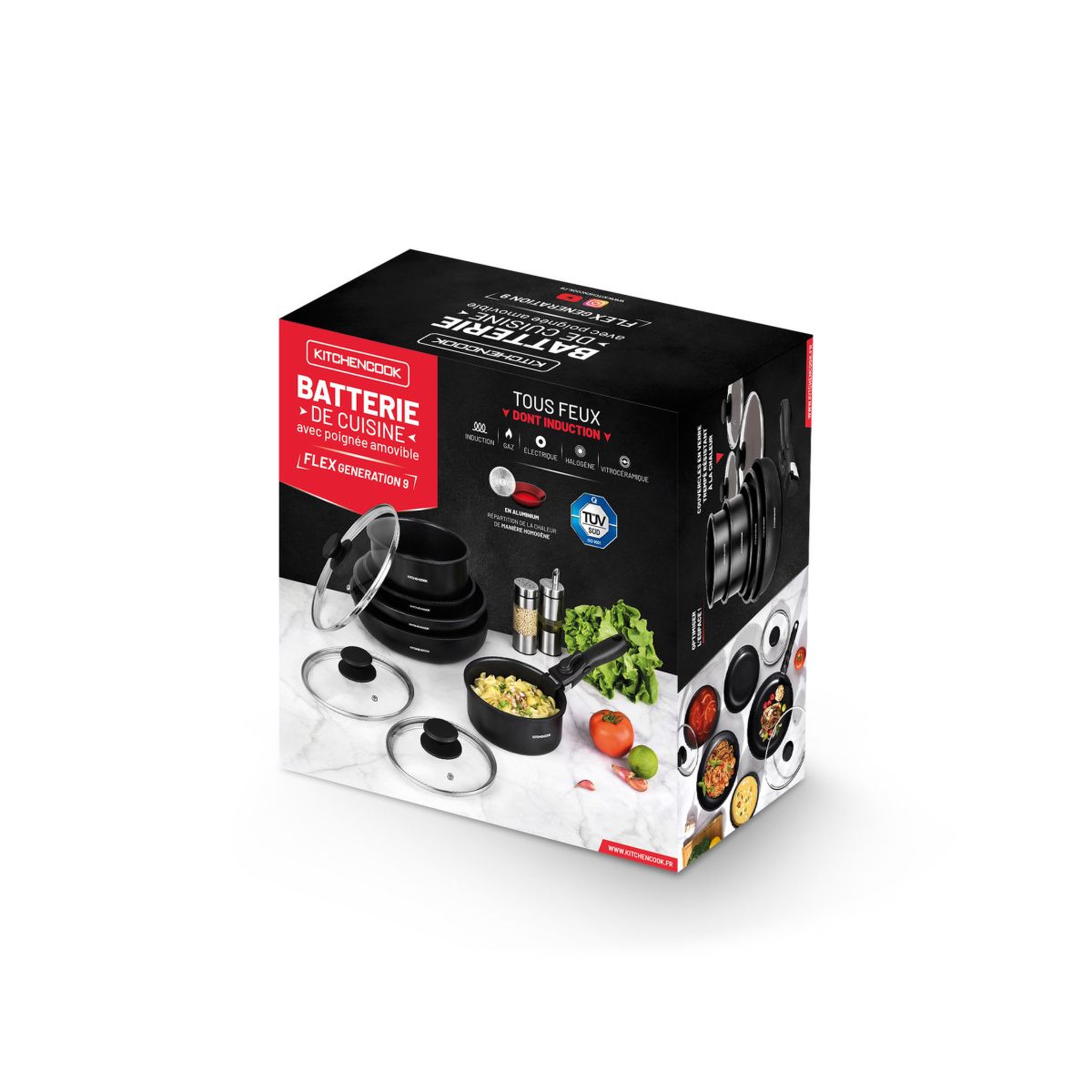 Voir la diapositive 5 : KITCHEN COOK Batterie de cuisine amovible 9 pièces en aluminium noir