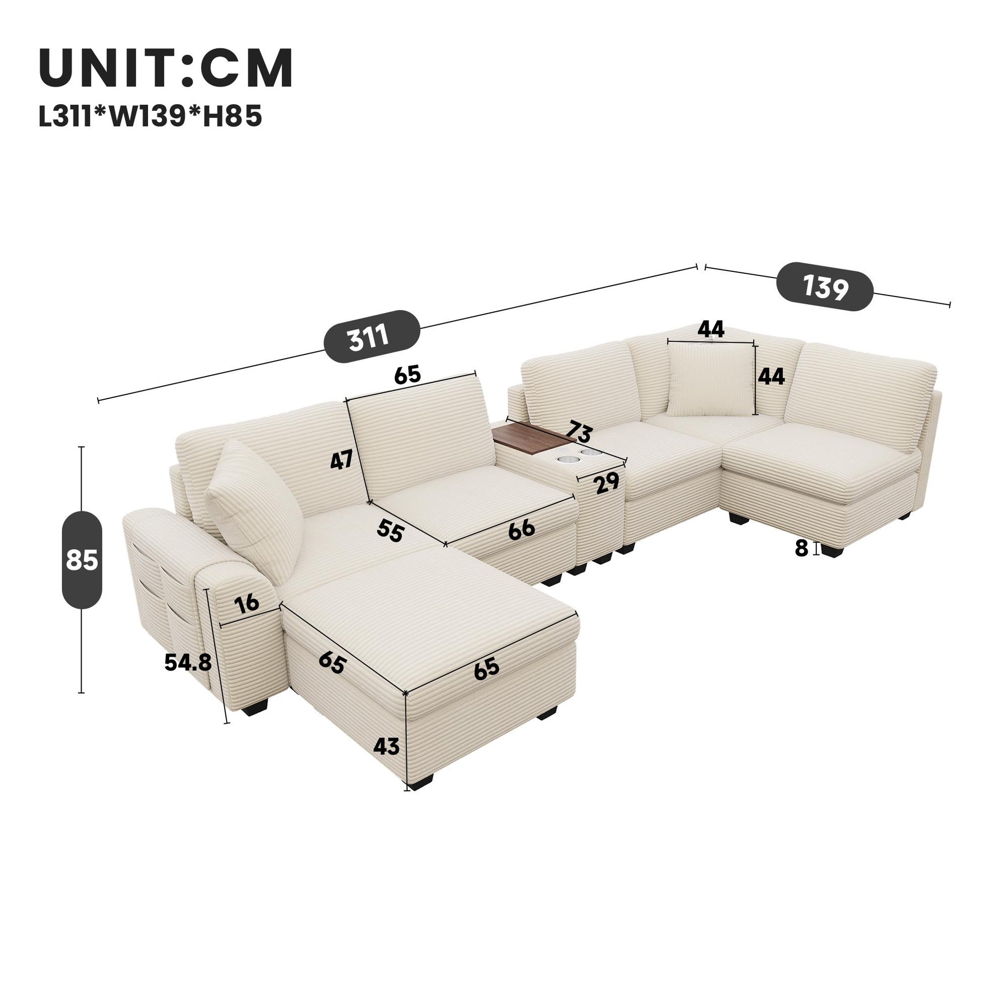 Voir la diapositive 3 : MERAX Canapé d'angle modulable u/l 6 places avec console usb tissu côtelé