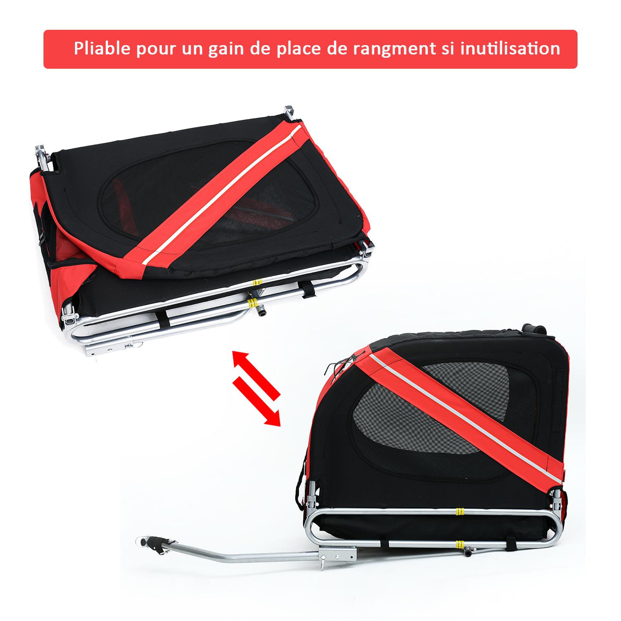 Voir la diapositive 4 : PAWHUT Remorque vélo pour chien animaux pliable 8 réflecteurs drapeau barre attelage inclus acier polyester imperméable max. 30 kg 130l x 73l x 90h cm rouge