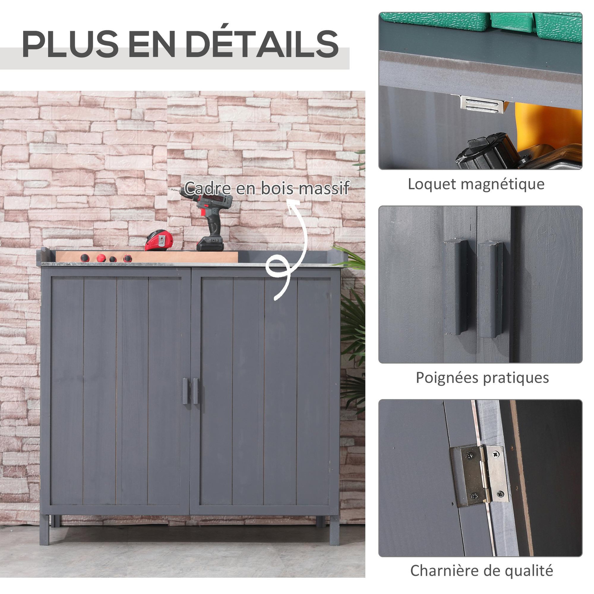 Voir la diapositive 6 : OUTSUNNY Armoire de rangement de jardin sur pied, table de rempotage 2 en 1 double porte, étagère, plateau métal galvanisé - bois sapin gris