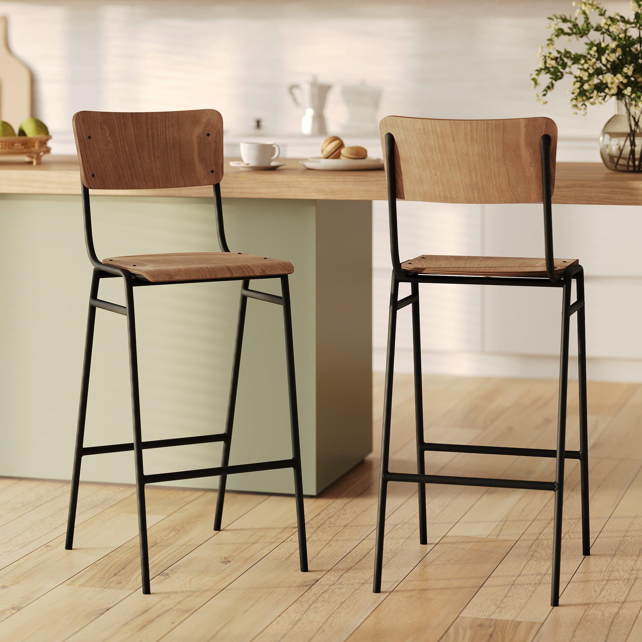 Voir la diapositive 2 : MAISON PAVANE Lot de 2 chaises de bar 75 cm en bois-clem