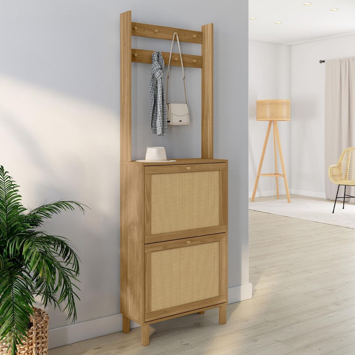 ID MARKET Vestiaire d'entrée HANAE meuble chaussures 2 portes effet naturel cannage