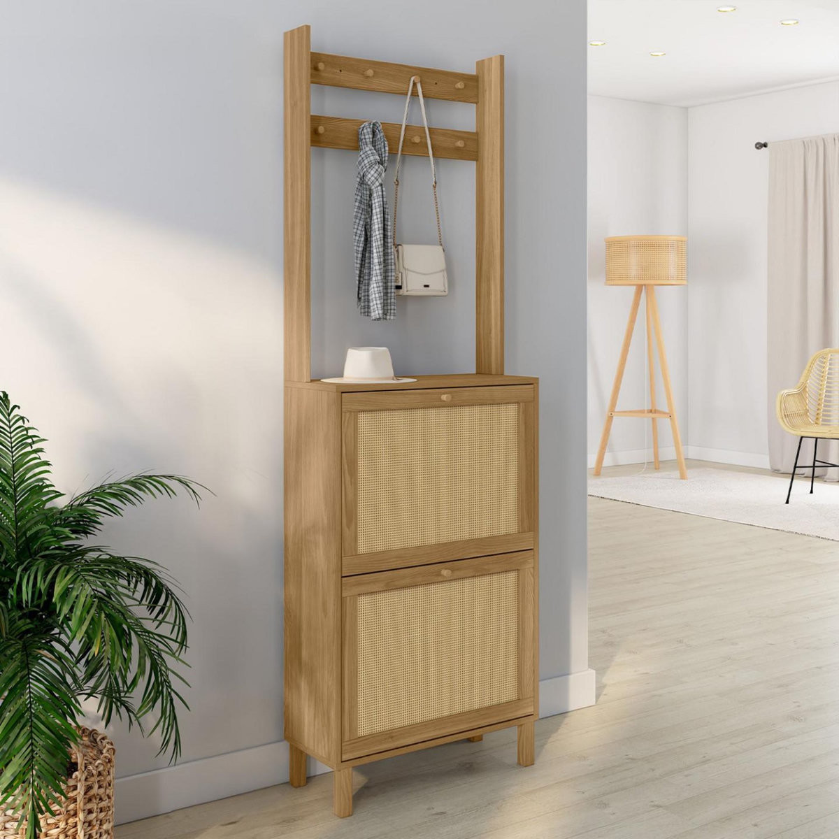 ID MARKET Vestiaire d'entrée HANAE meuble chaussures 2 portes effet naturel cannage