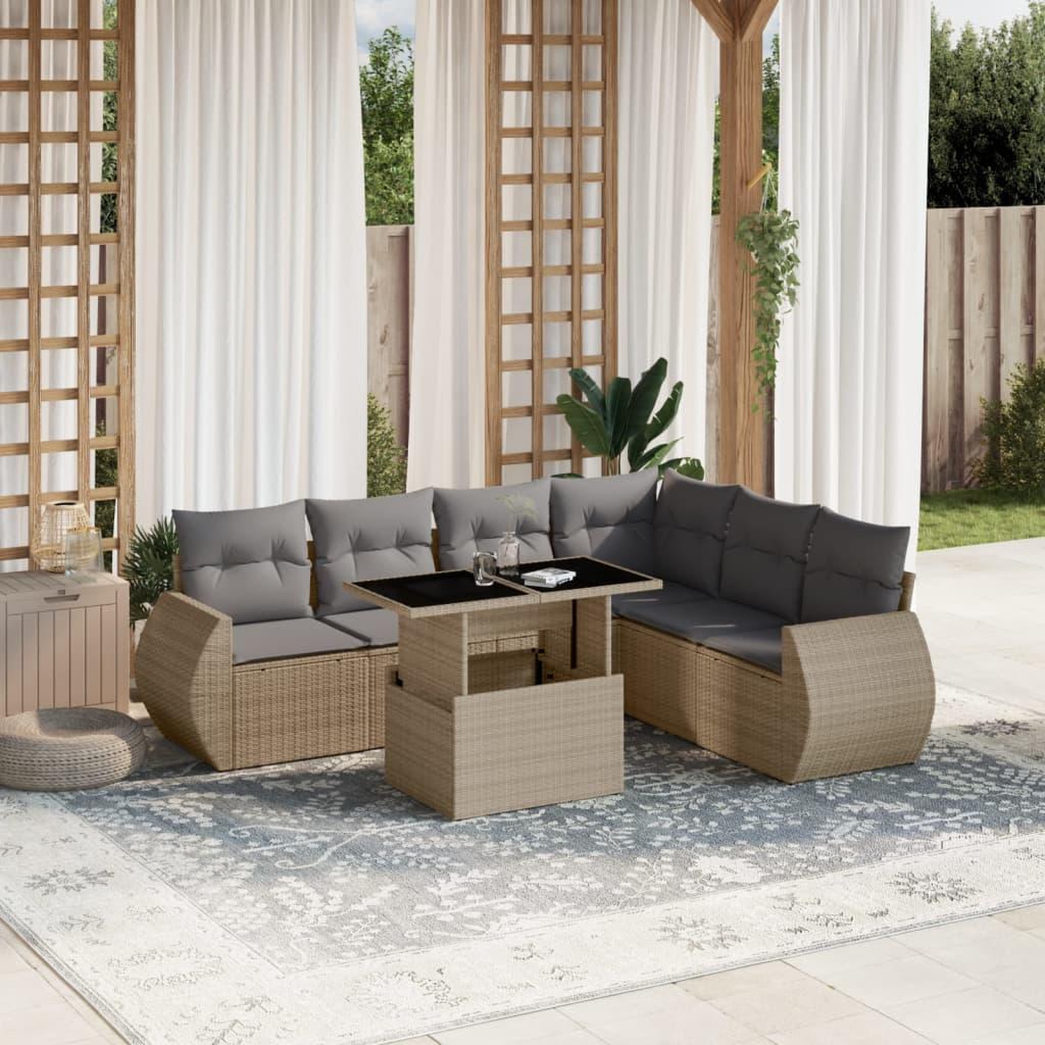 VIDAXL Salon de jardin avec coussins 7 pcs beige resine tressee