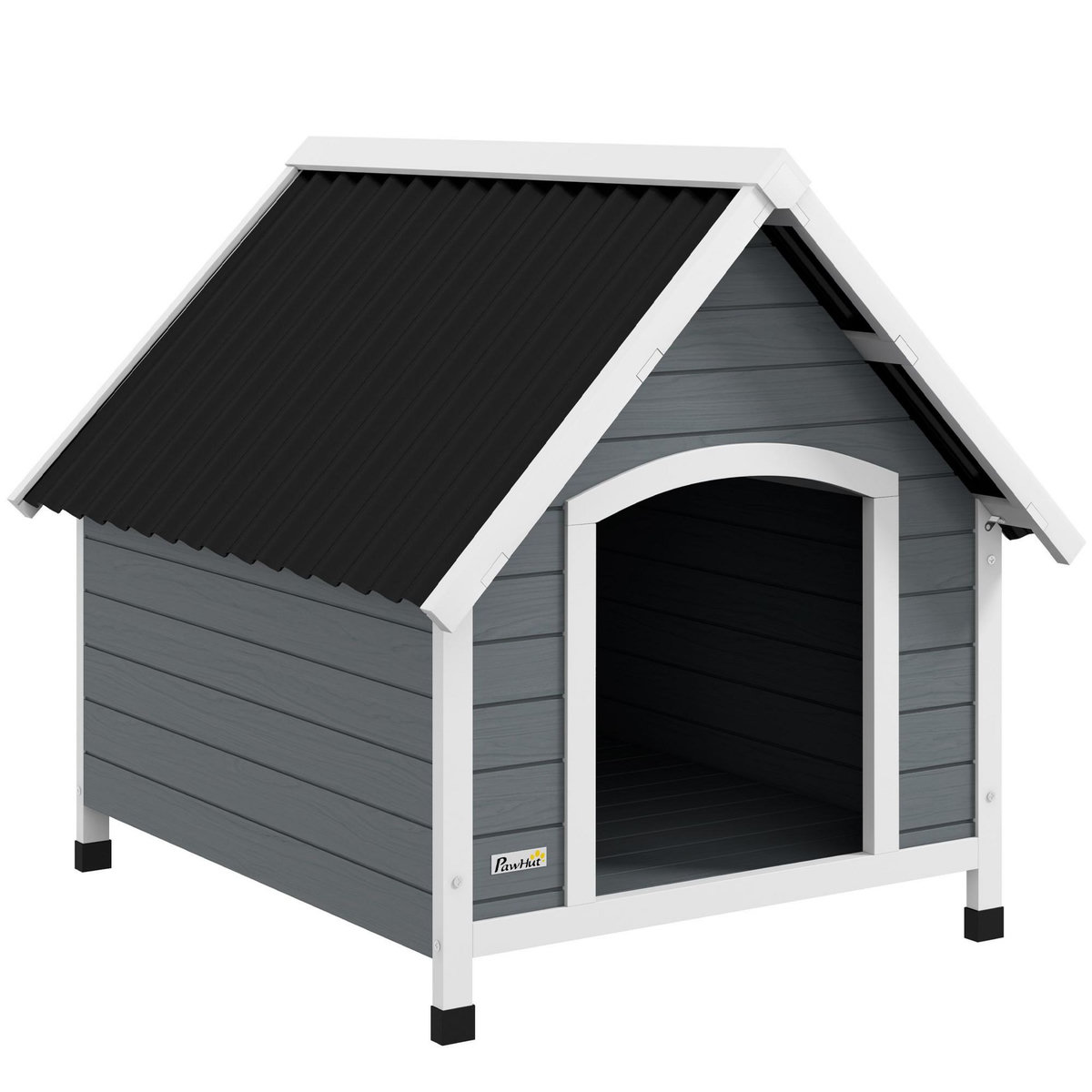 PAWHUT Niche pour chien design chalet sur pied - toit double pente, plancher amovible - plastique noir bois blanc gris