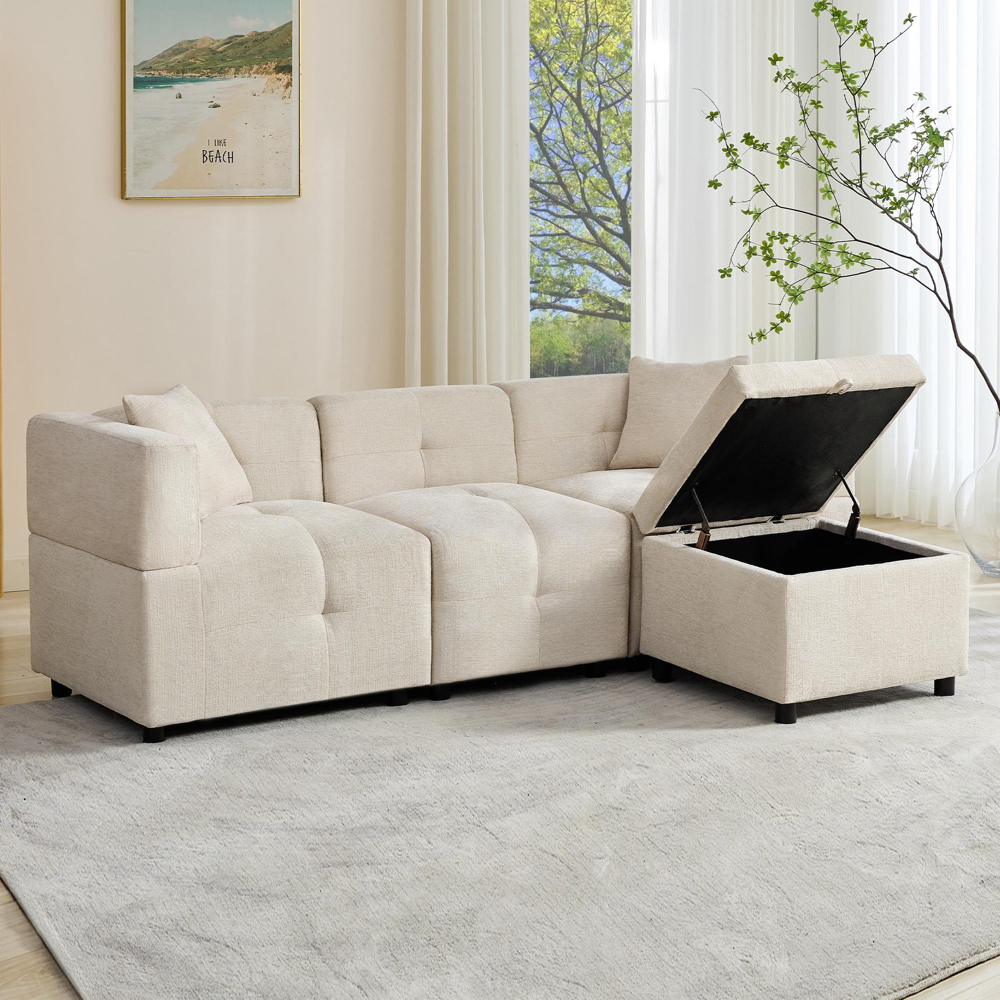 Voir la diapositive 2 : MERAX Canapé d'angle réversible fixe 3 pl tissu beige coffre de rangement