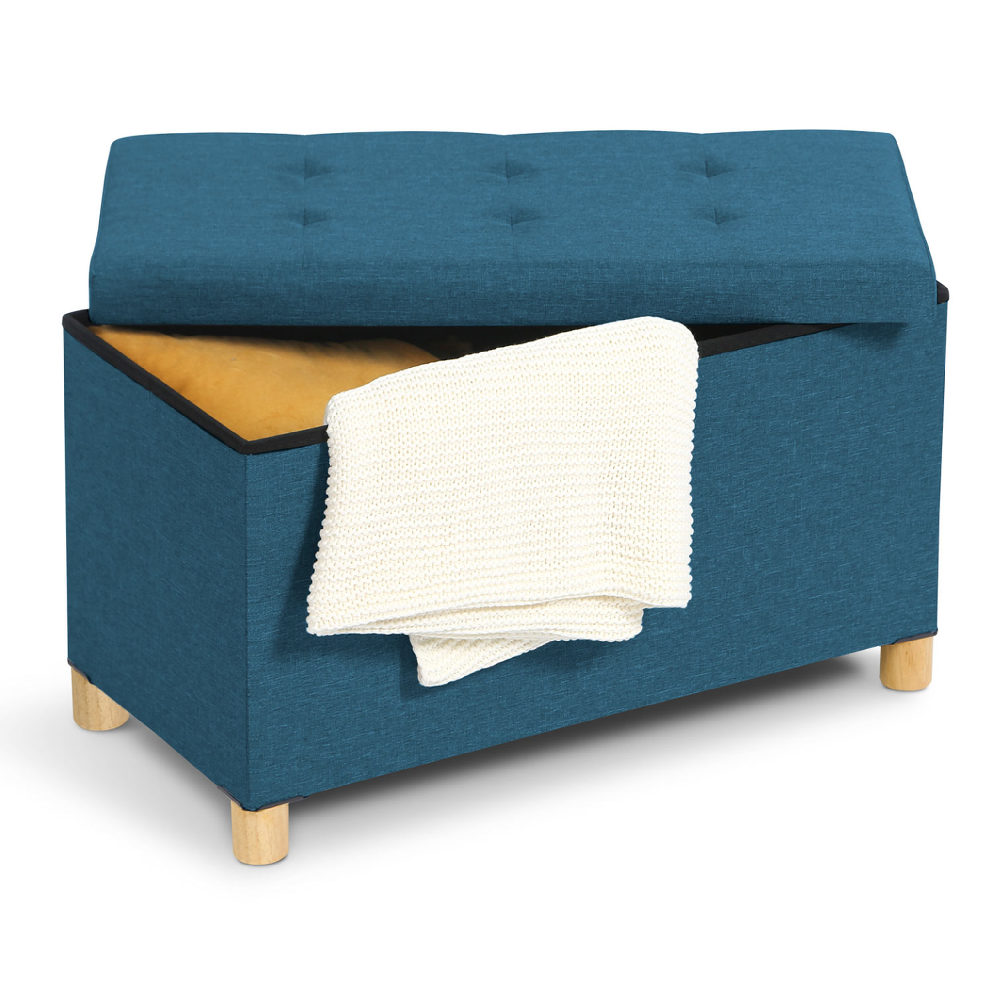 ID MARKET Banc coffre rangement sur pieds 76 cm tissu bleu canard