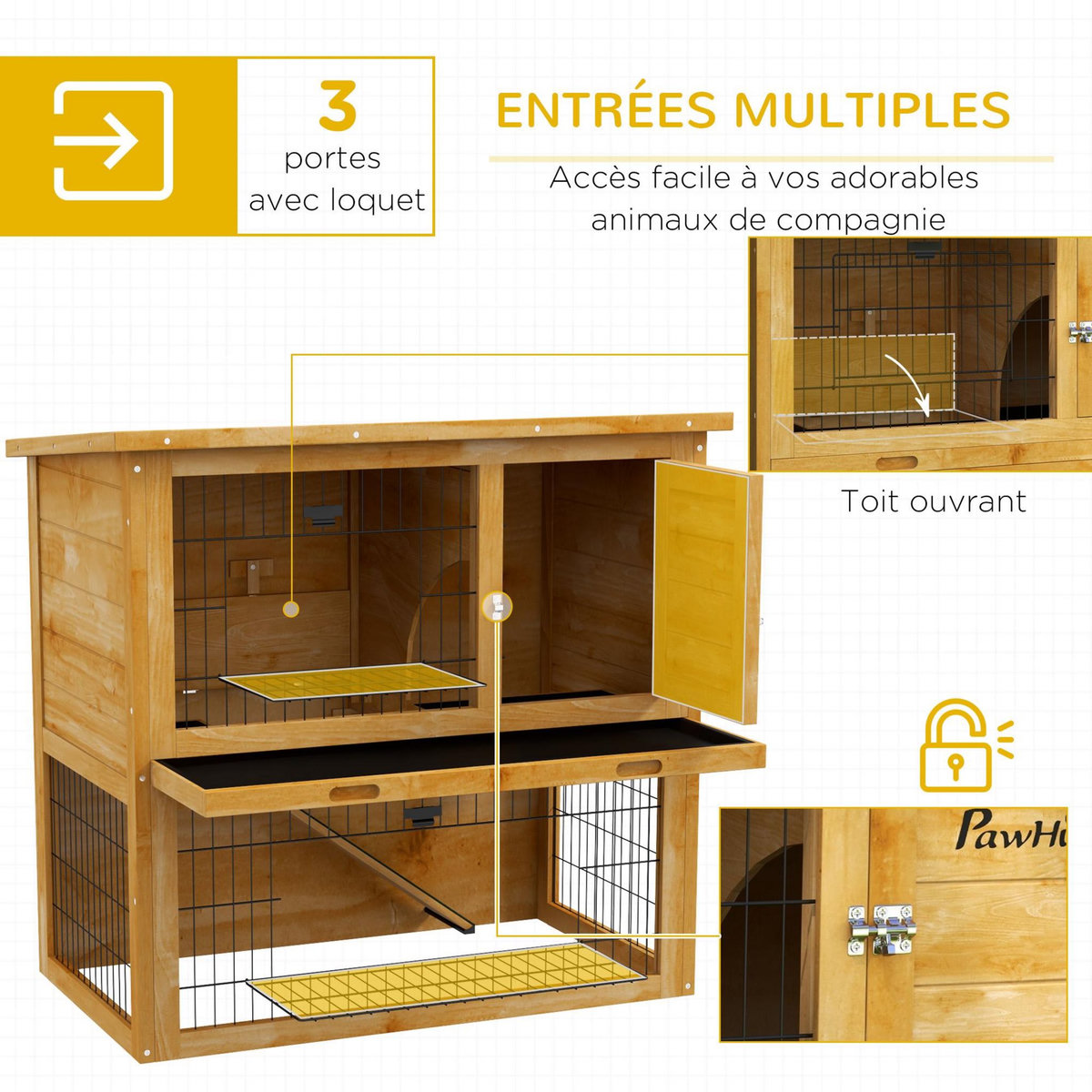 PAWHUT Clapier à lapin cage à lapin 2 étages 3 portes verrouillables bois pré-huilé