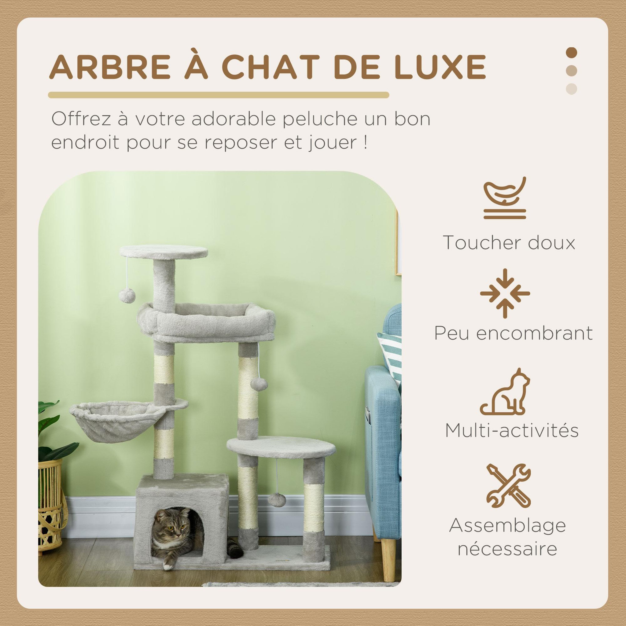 Voir la diapositive 5 : PAWHUT Arbre à chat griffoirs sisal naturel niche plateformes panier hamac jeux boules suspendues peluche gris