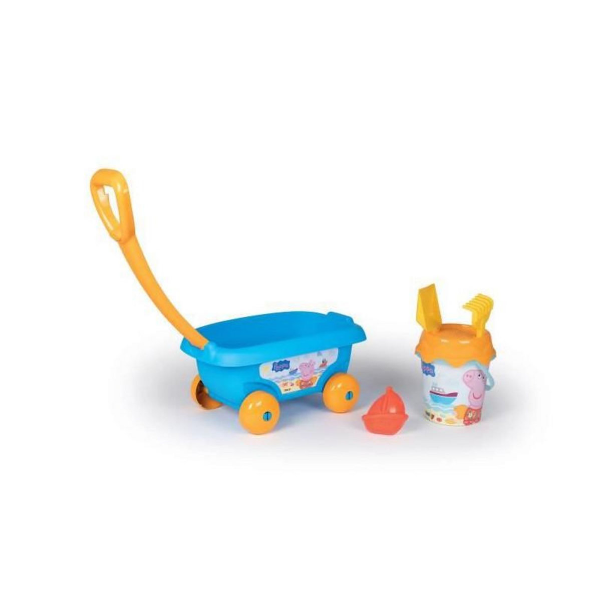 SMOBY SMOBY - PEPPA PIG Chariot de plage garni : seau + tamis + pelle + râteau + moule a sable