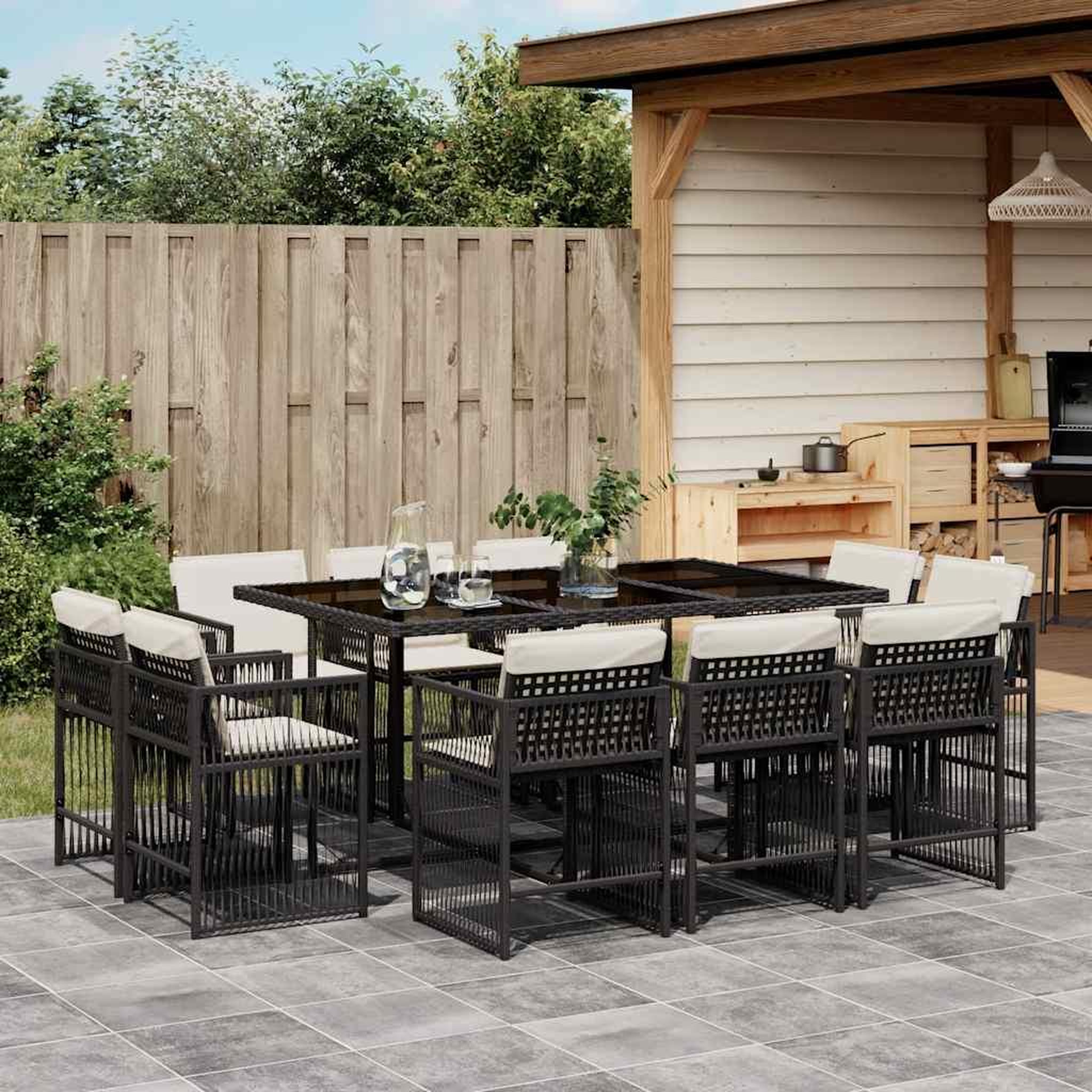 VIDAXL Ensemble a manger de jardin 11 pcs coussins noir resine tressee