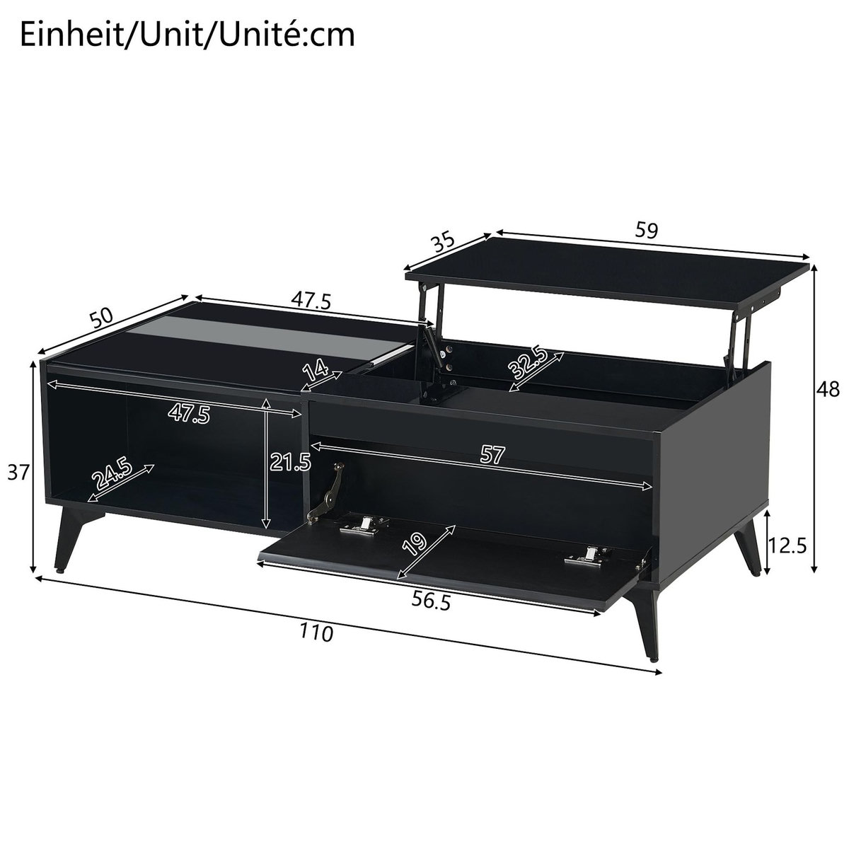 MERAX Table basse relevable rectangulaire noir - 50x110 cm panneau de particules