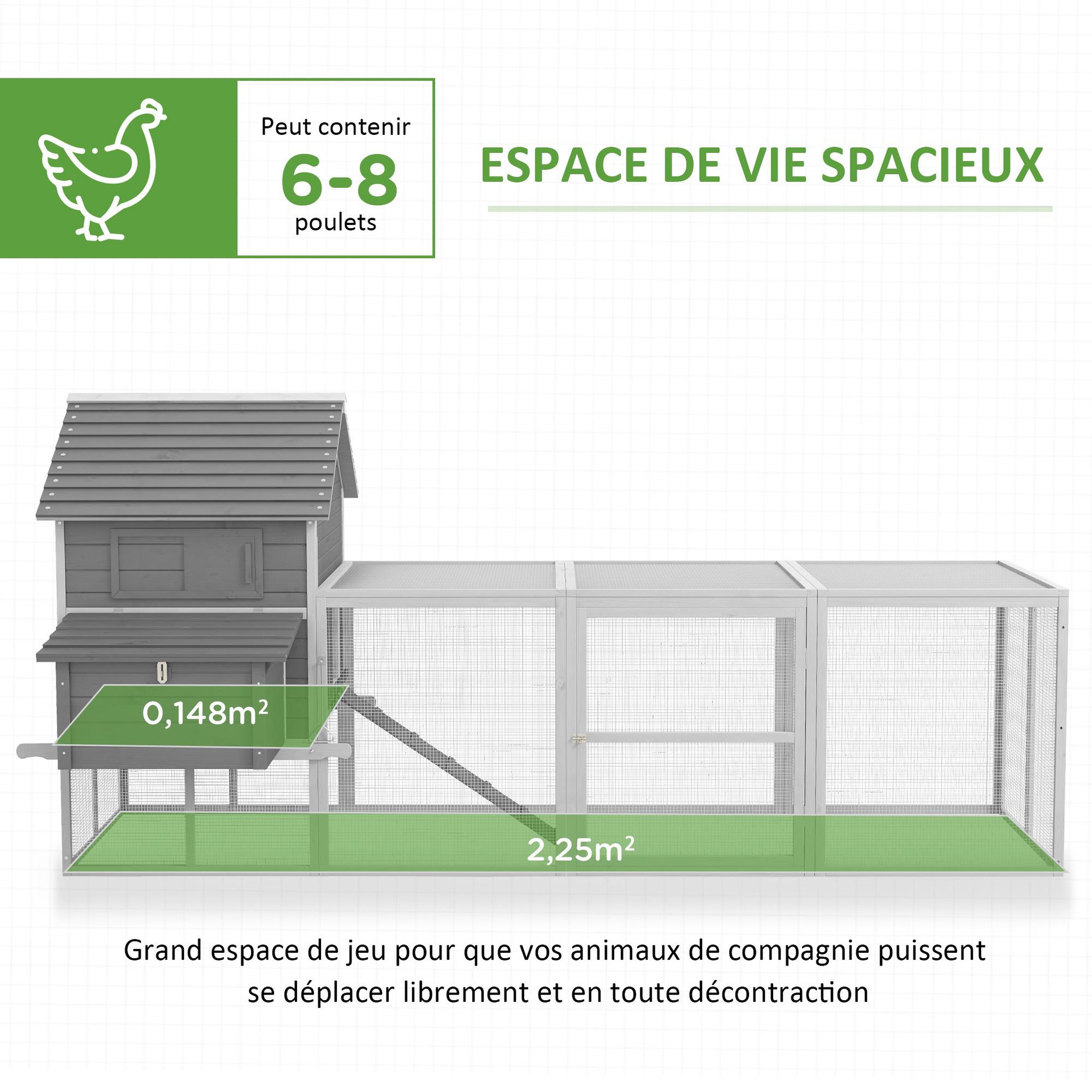 Voir la diapositive 4 : PAWHUT Poulailler cottage cage à poules sur pied dim. 310L x 149l x 149H cm multi-équipement bois sapin gris