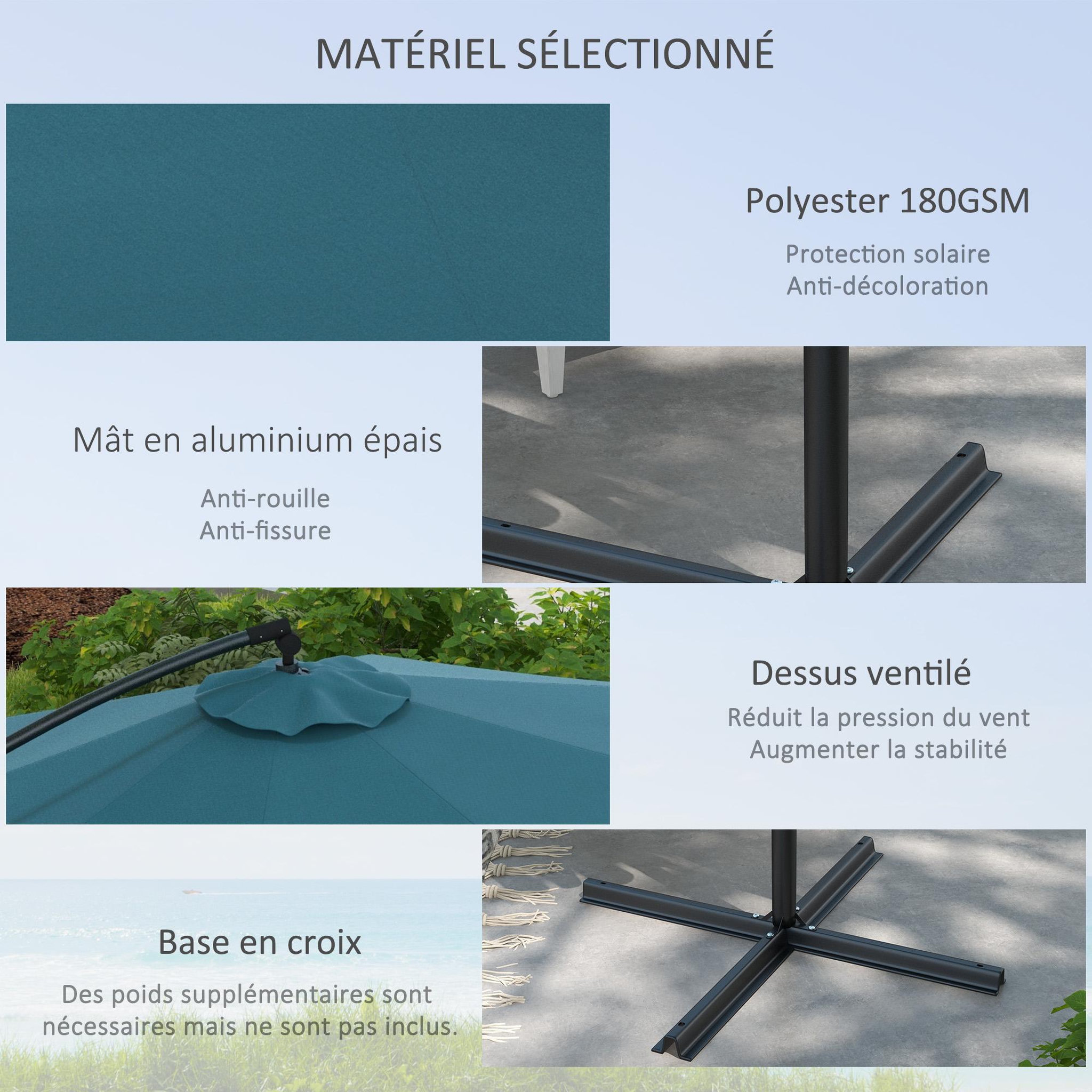 Voir la diapositive 4 : OUTSUNNY Parasol déporté octogonal inclinable Ø 2,93 x 2,60 m avec pied métal époxy alu bleu canard