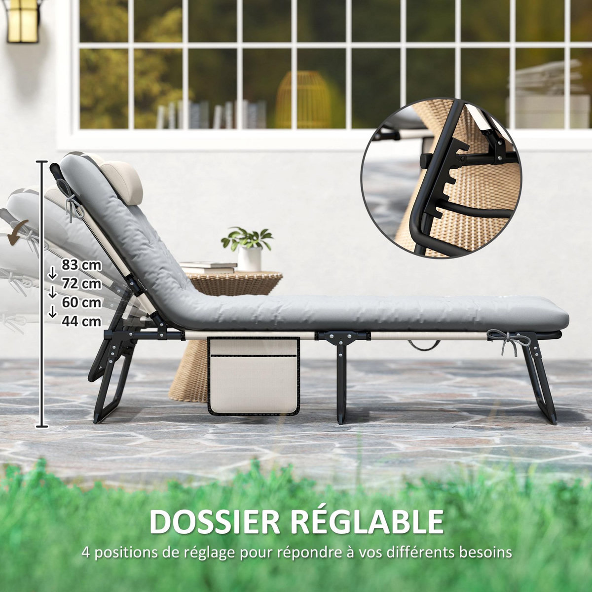 OUTSUNNY Lot de 2 transats bains de soleil pliables inclinables - tétière, matelas épais - métal tissu gris crème