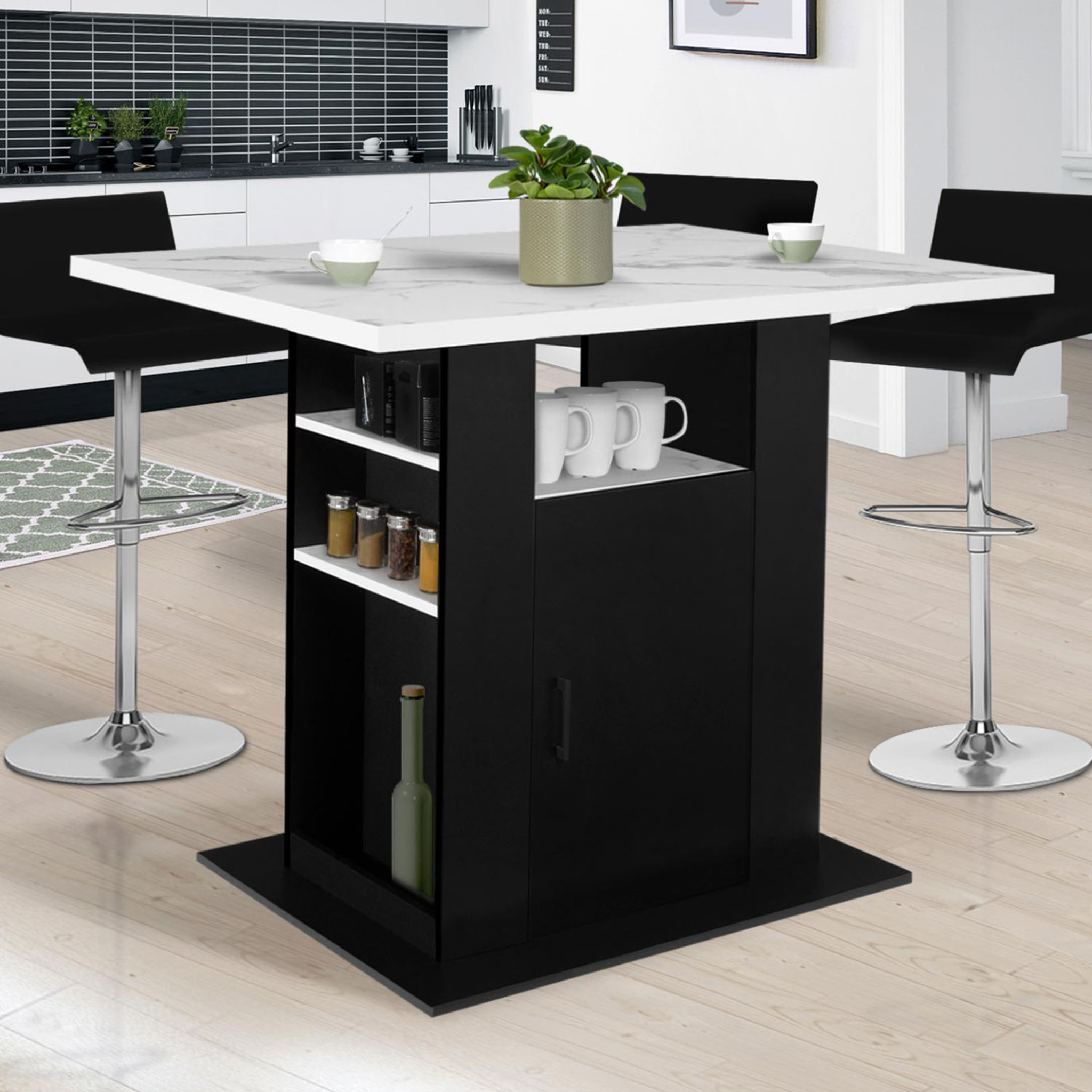 Voir la diapositive 2 : ID MARKET Ilot central ugo 110 cm effet marbre et noir alaska avec rangements